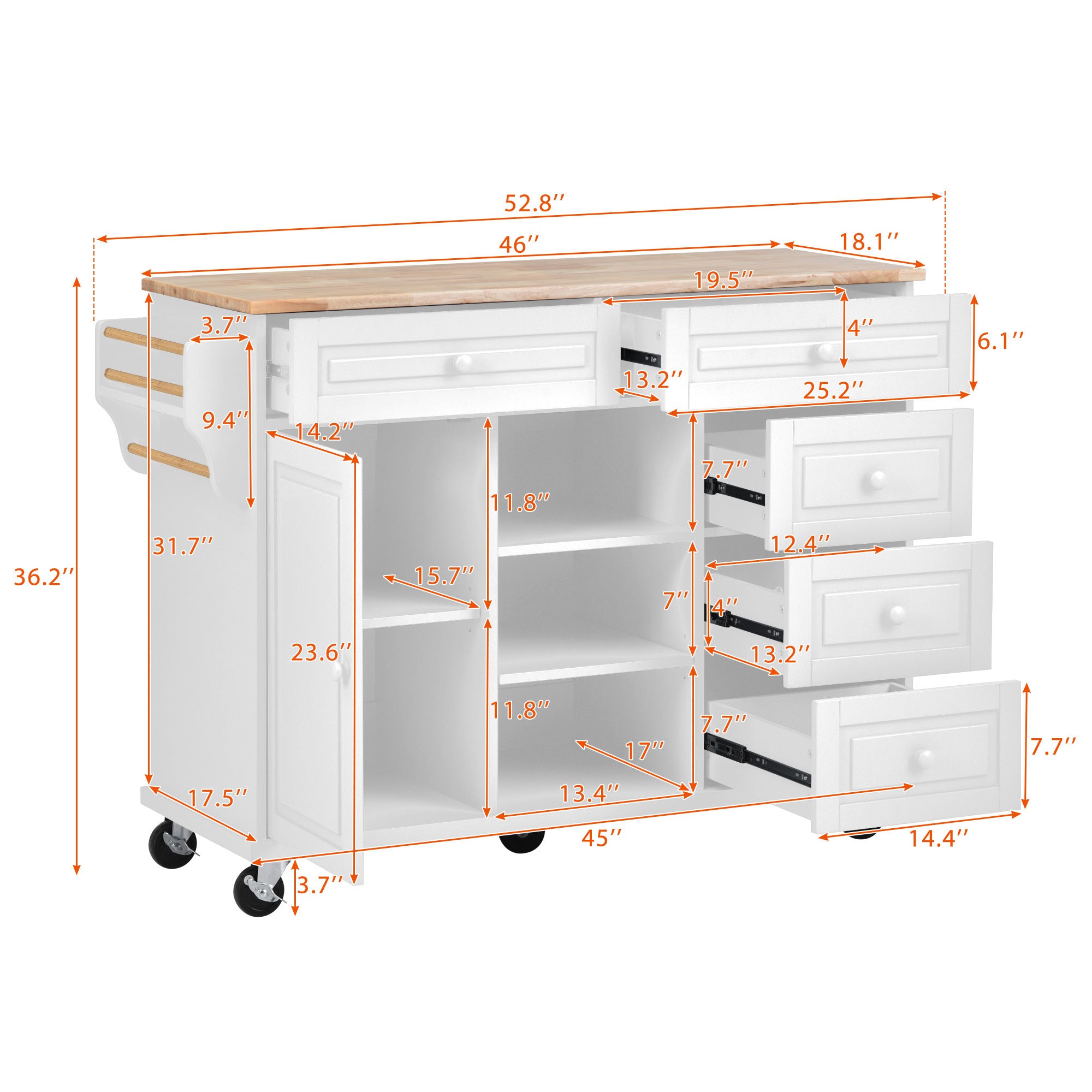 HAOYYE Kitchen cart with Rubber wood desktop rolling mobile kitchen island with storage and 5 draws 53 Inch length(White) Sturdy Space-Saving Heavy Duty Modern Design Adults Dorm Room Easy Assembly