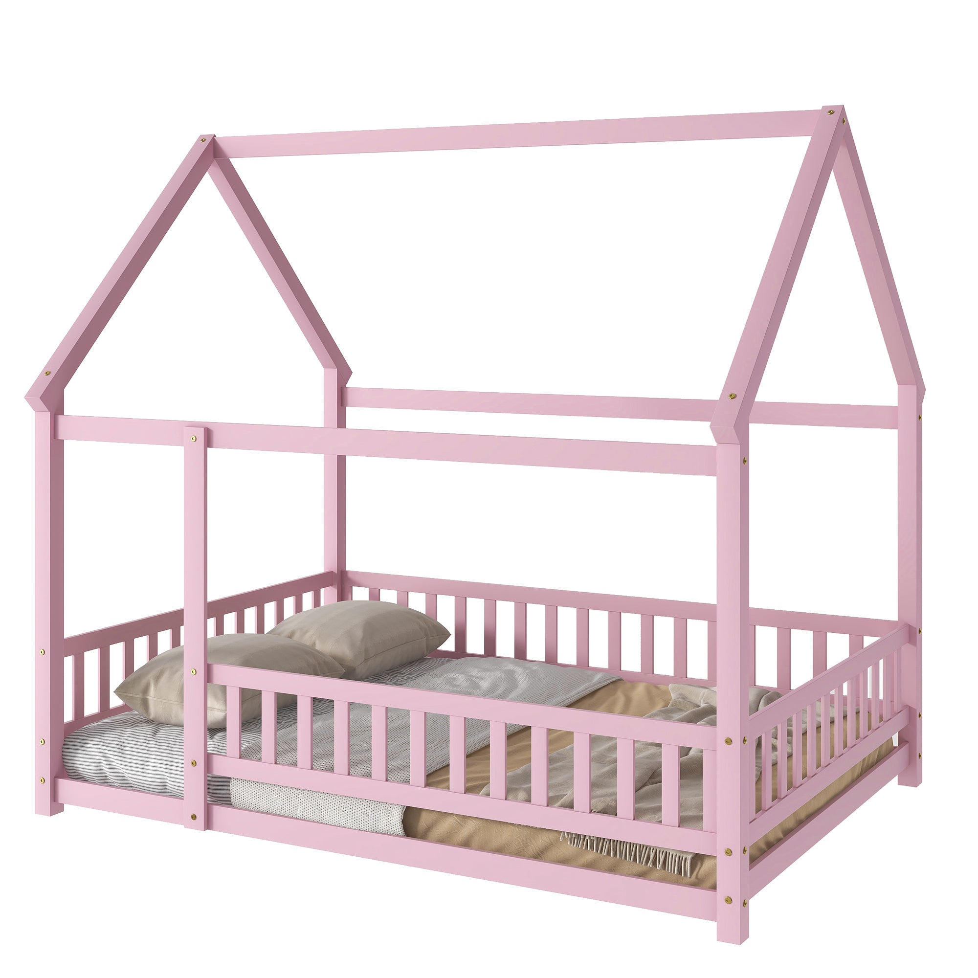 HAOYYE Full Size Floor Wooden Bed with House Roof Frame, Fence Guardrails ,Pink Sturdy Space-Saving Heavy Duty Modern Design Easy Assembly Durable Stylish Home Furniture Versatile