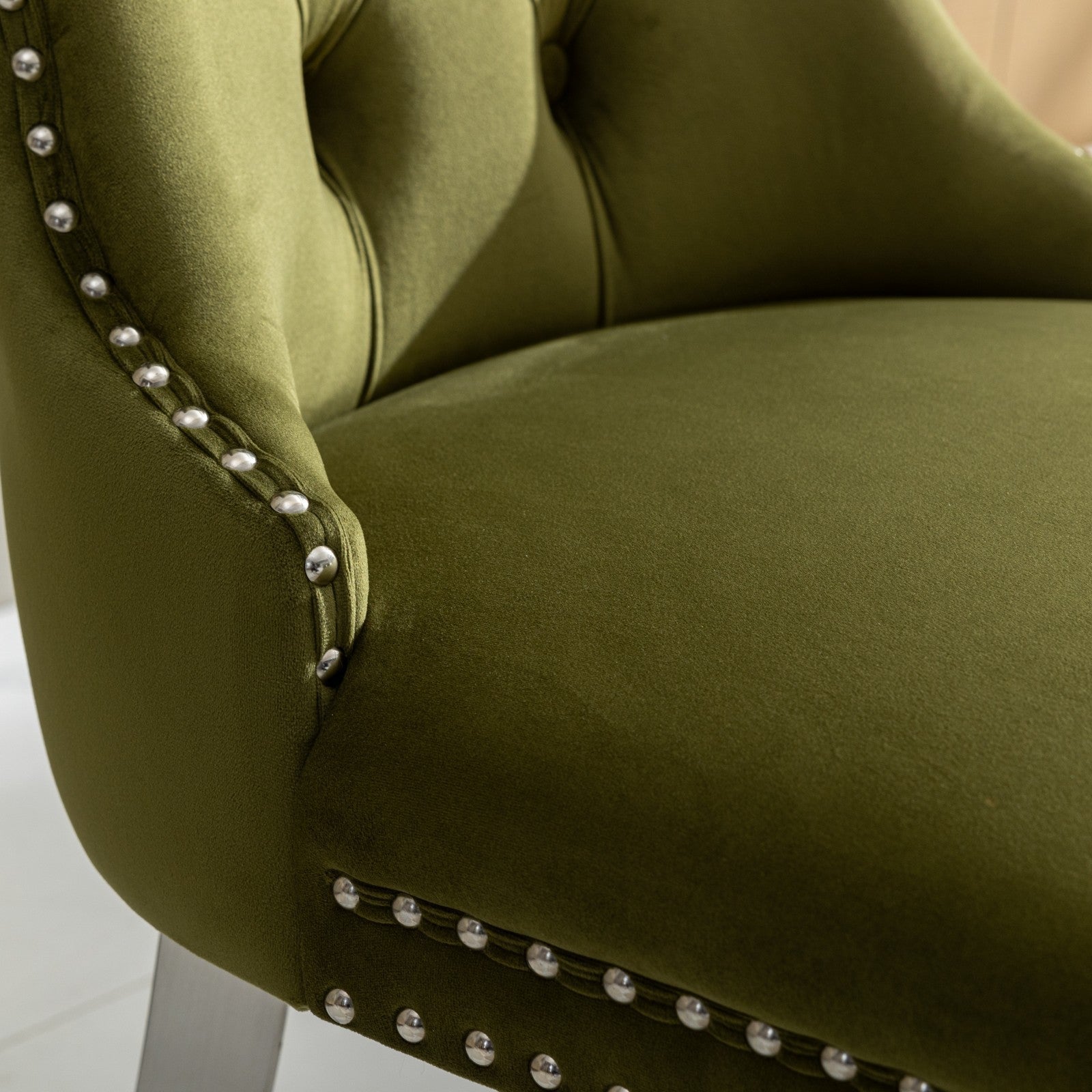 HAOYYE High-end Tufted Solid Wood Contemporary Velvet Upholstered Dining Chair with Chrome Stainless Steel Plating Legs,Nailhead Trim,Set of 2,Olive-Green and Chrome, SW1701OL Sturdy