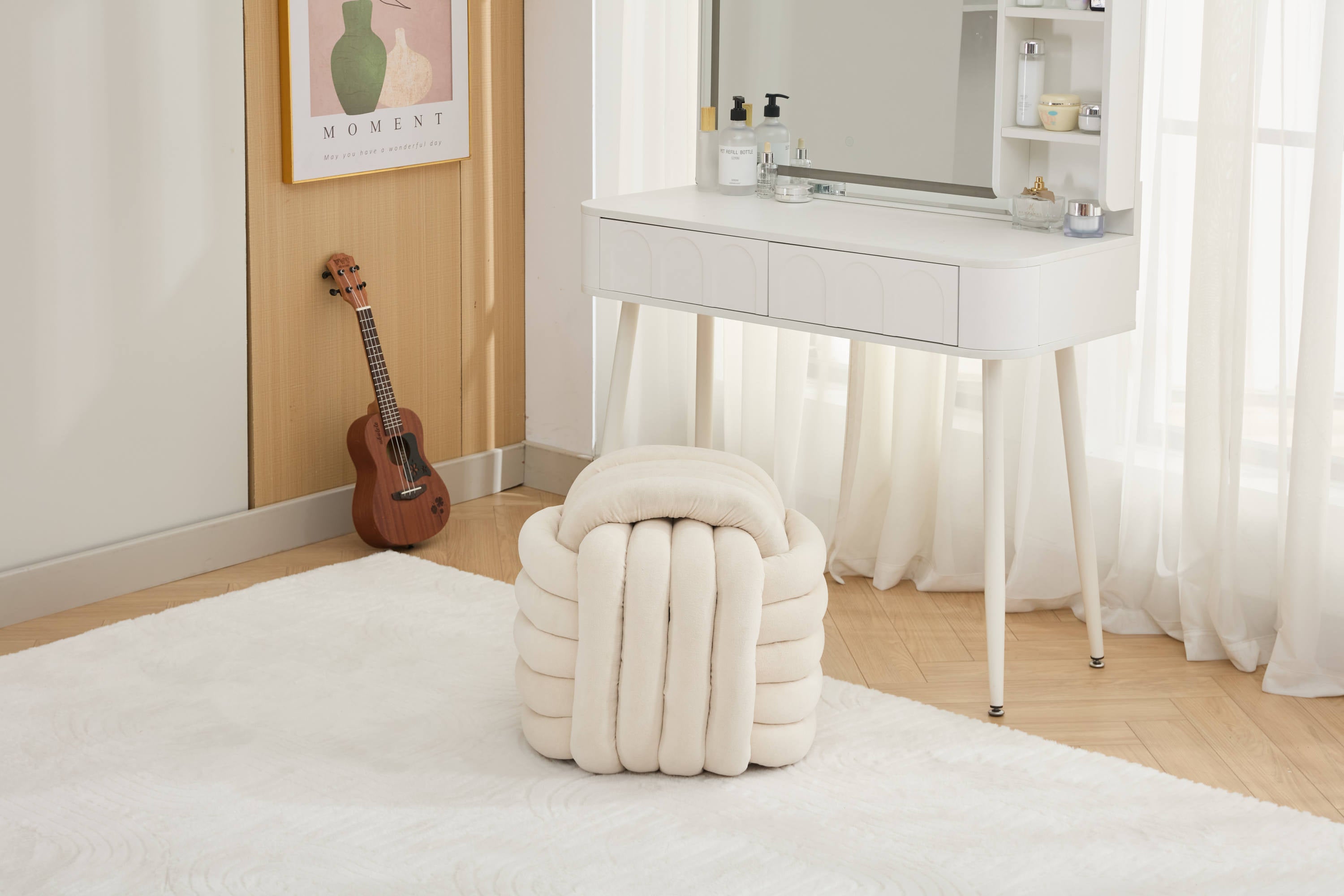 Haoyye Chenille Fabric Knot Design Ottoman Footstool Makeup Stool, Comfortable and Stylish Seat, Modern Upholstered Chair for Living Room or Bedroom, Beige, Sturdy and Space-Saving Furniture