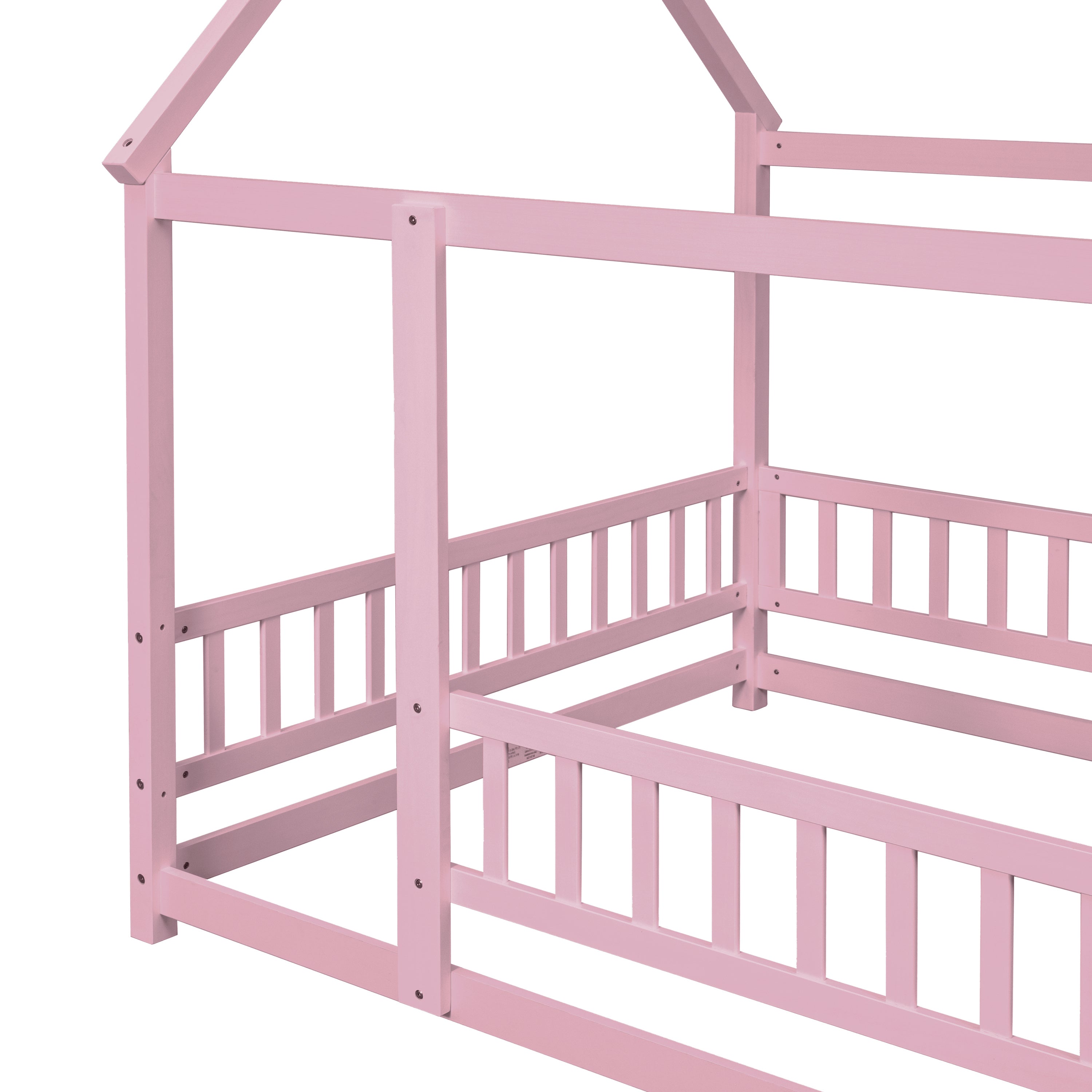 HAOYYE Full Size Floor Wooden Bed with House Roof Frame, Fence Guardrails ,Pink Sturdy Space-Saving Heavy Duty Modern Design Easy Assembly Durable Stylish Home Furniture Versatile