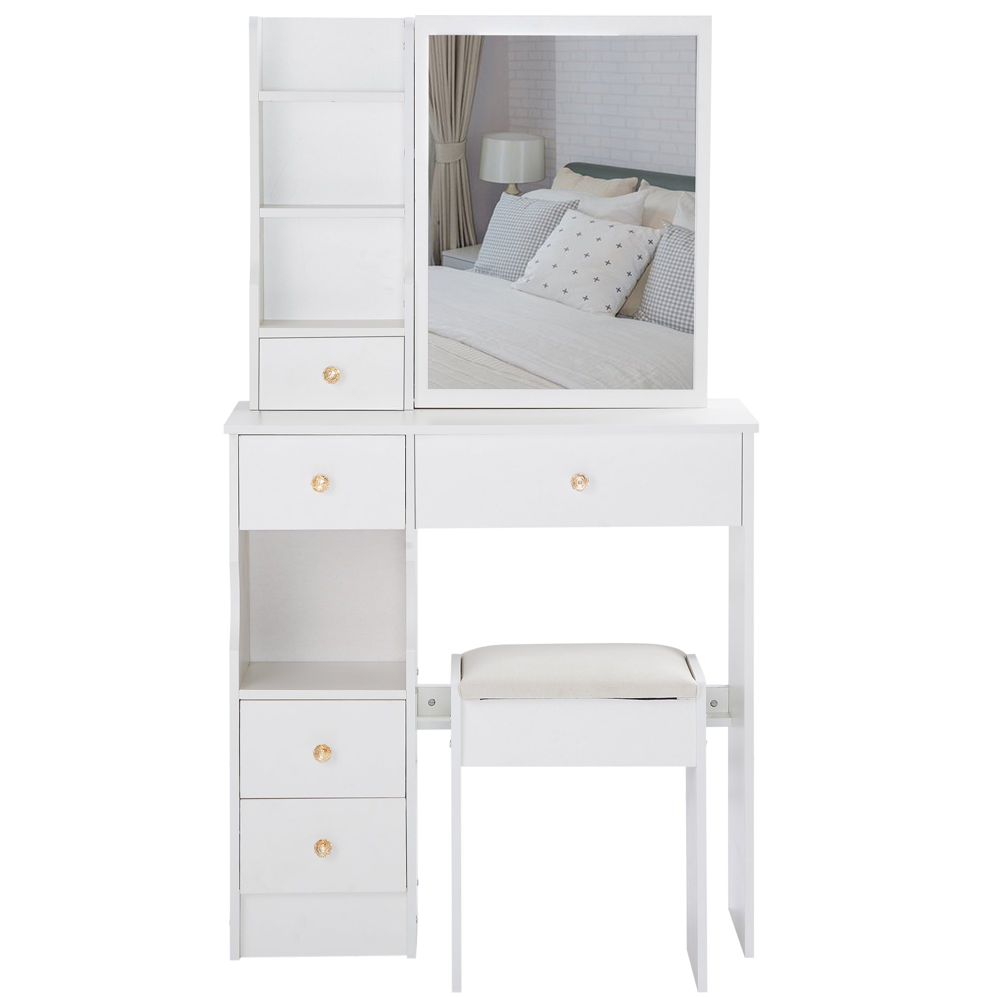 HAOYYE Small Size Left Drawer Desktop Vanity Table + Cushioned Stool, Extra Large Sliding Mirror, Multi Layer, High Capacity Storage Fashionable Dresser, Suitable for Small Space, EPA,GCC,UL Certificate