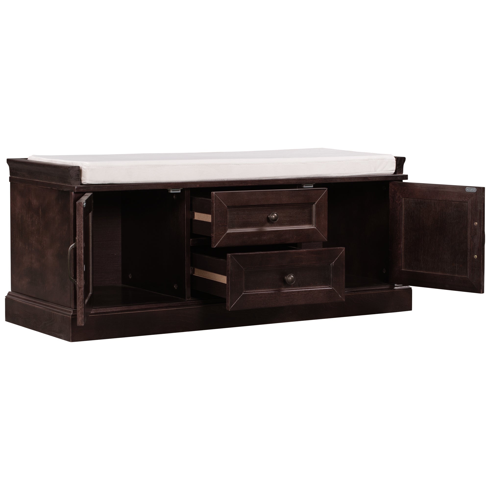 HAOYYE Storage Bench with 2 Drawers and Cabinets, Shoe Bench with Removable Cushion for Living Room, Entryway, Sturdy Space-Saving Heavy Duty Construction, Espresso Finish, Modern Design for Adults and Dorm Rooms