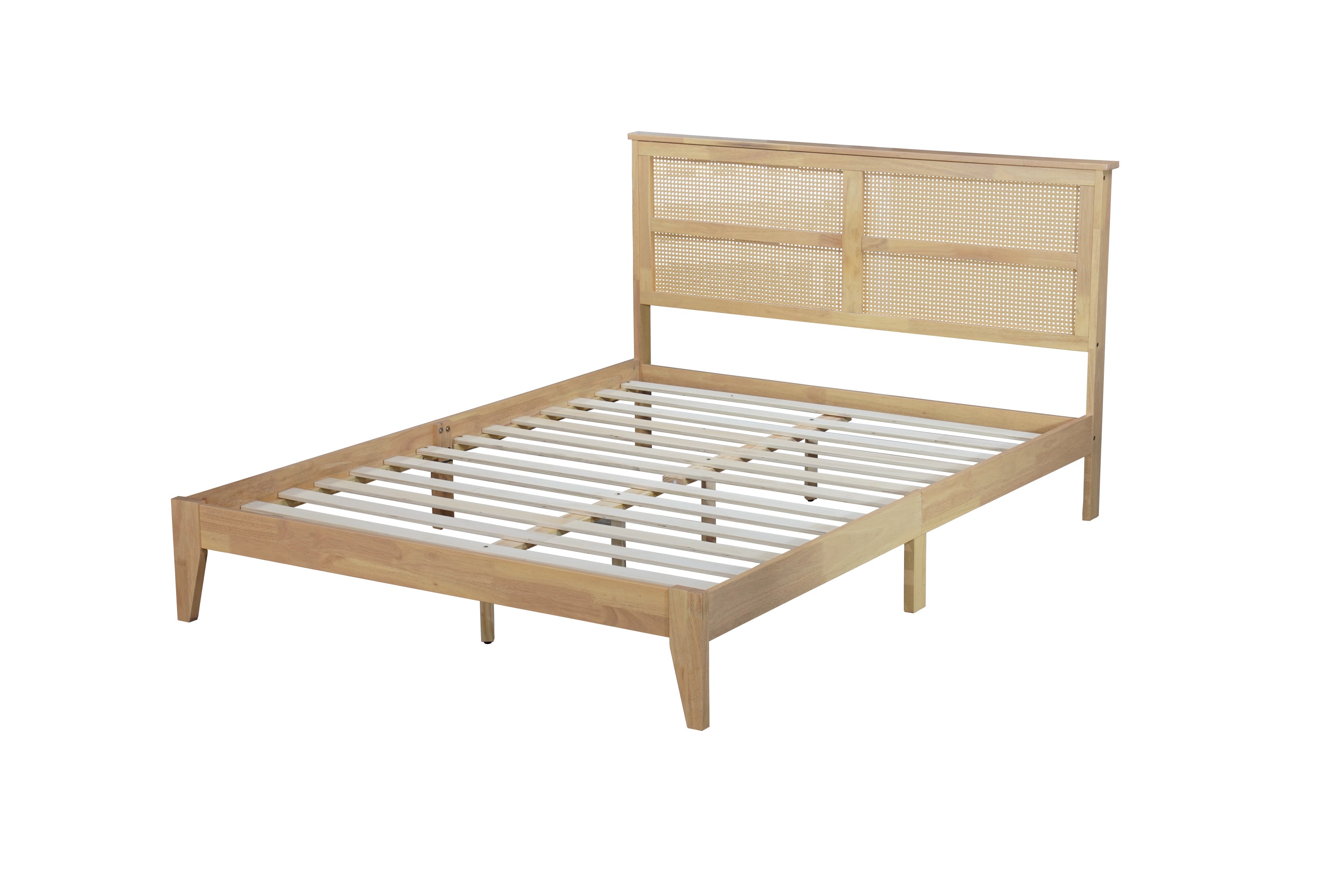 HAOYYE Queen Size Rubber Wooden, Solid Wooden Bed with Rattan Headboard, Enhanced by Support Feet,Oak White Sturdy Space-Saving Heavy Duty Modern Design Adults Dorm Room Easy Assembly Bedroom Furniture