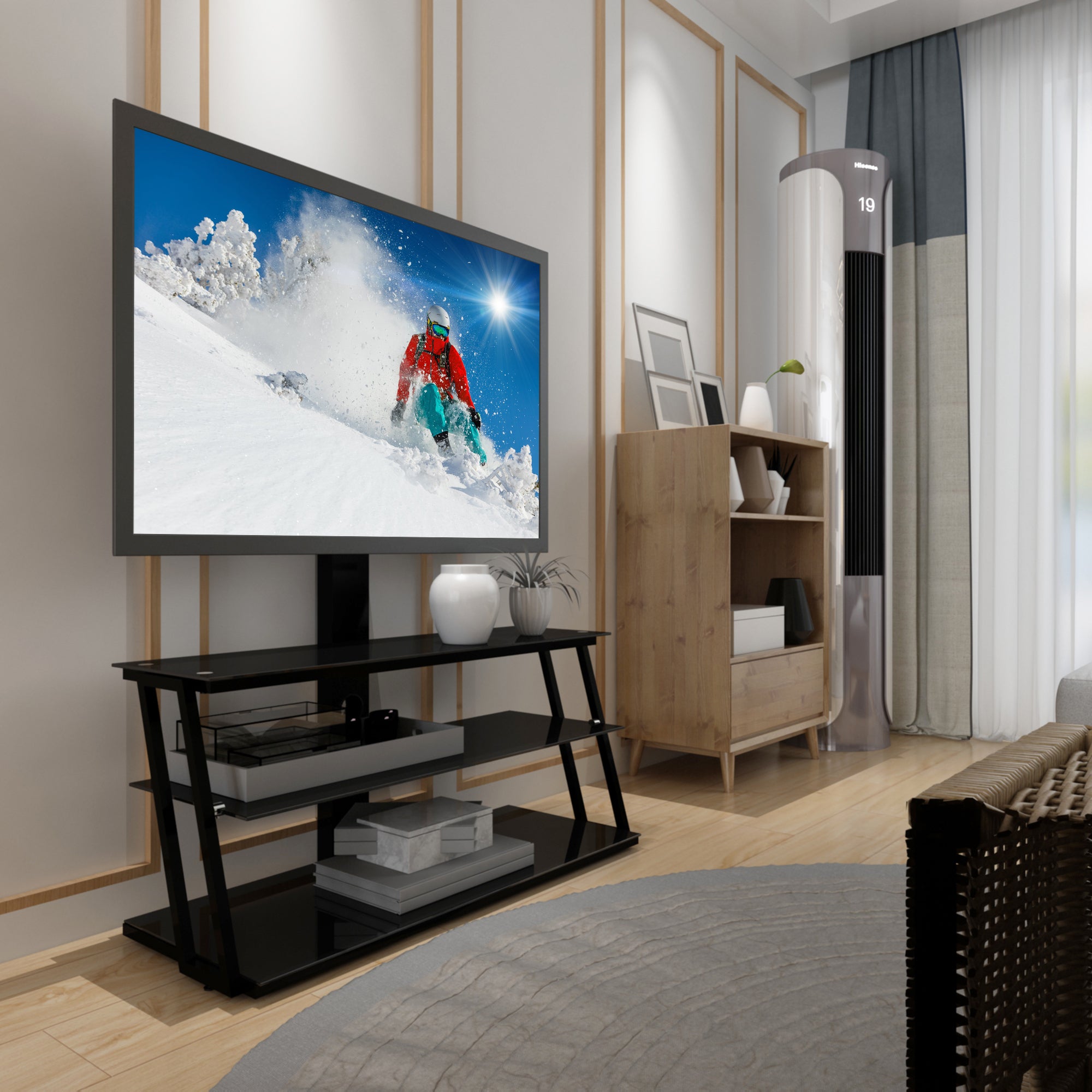 HAOYYE Black Multi-Function Angle And Height Adjustable Tempered Glass TV Stand Sturdy Space-Saving Heavy Duty Modern Design Easy Assembly Durable Stylish Home Furniture Versatile