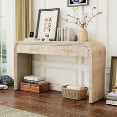 HAOYYE Unique Retro Silhouette Console Table with Open Style, Two Top Drawers for Entrance, Dining Room, Living Room, Natural Wood Wash Finish, Sturdy Space-Saving Heavy Duty Modern Design, Ideal for Adults