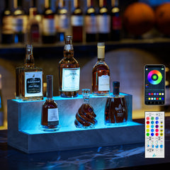 HAOYYE LED Lighted Liquor Bottle Display Shelf, 20 Inch Bar Display Shelf, DIY Illuminated Bottle Shelf with App & Remote Control, 2 Step Freestanding Holding Bottles for Home Bar, Party, Grey Sturdy