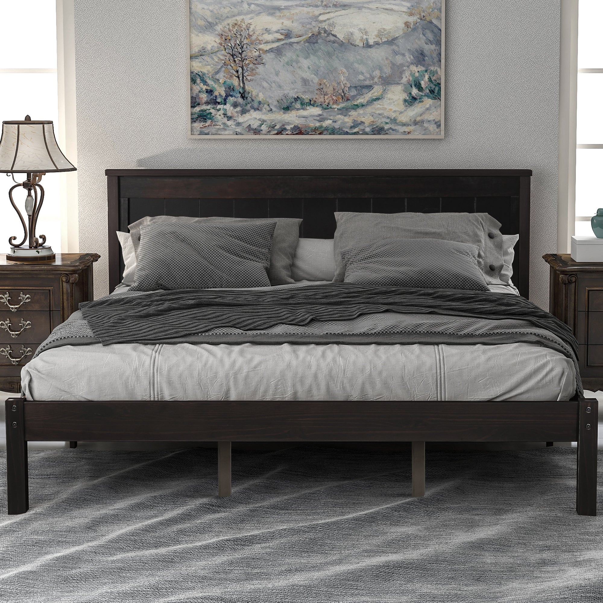 HAOYYE Platform Bed Frame with Headboard, Wood Slat Support, No Box Spring Needed, Queen,Espresso(OLD SKU:WF191420AAP) Sturdy Space-Saving Heavy Duty Modern Design Adults Dorm Room Easy Assembly