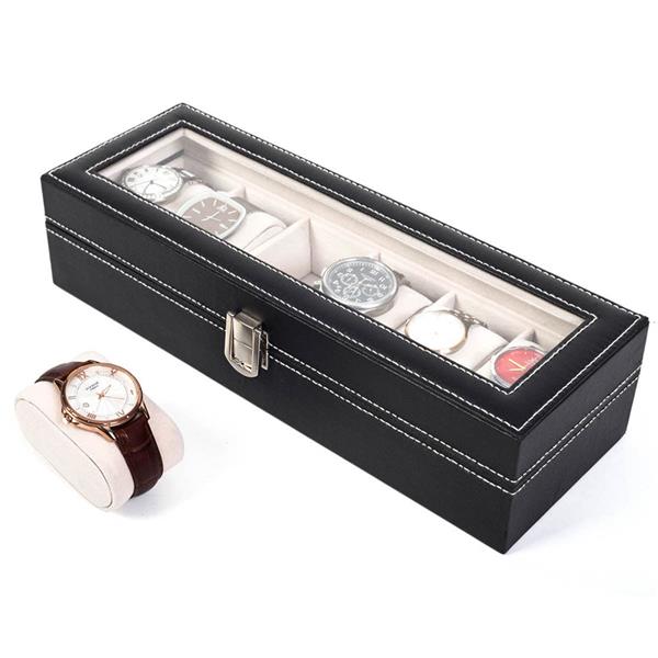 HAOYYE 6-Compartment Luxury Leather Watch Box - High-Grade Black Leather Watch Organizer with Soft Plush Lining, Sleek and Compact Design, Premium Quality Decorative Display Case for Men’s and Women’s Watches, Perfect for Home or Travel Storage