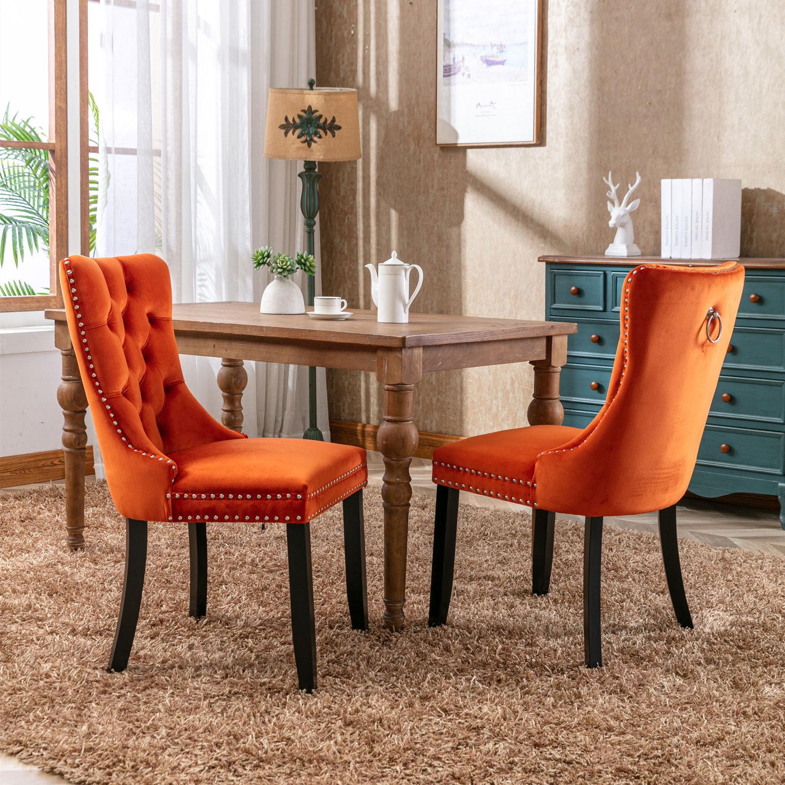 HAOYYE High-end Tufted Solid Wood Contemporary Velvet Upholstered Dining Chair with Wood Legs Nailhead Trim 2-Pcs Set, Orange, SW2001OG Sturdy Space-Saving Heavy Duty Modern Design