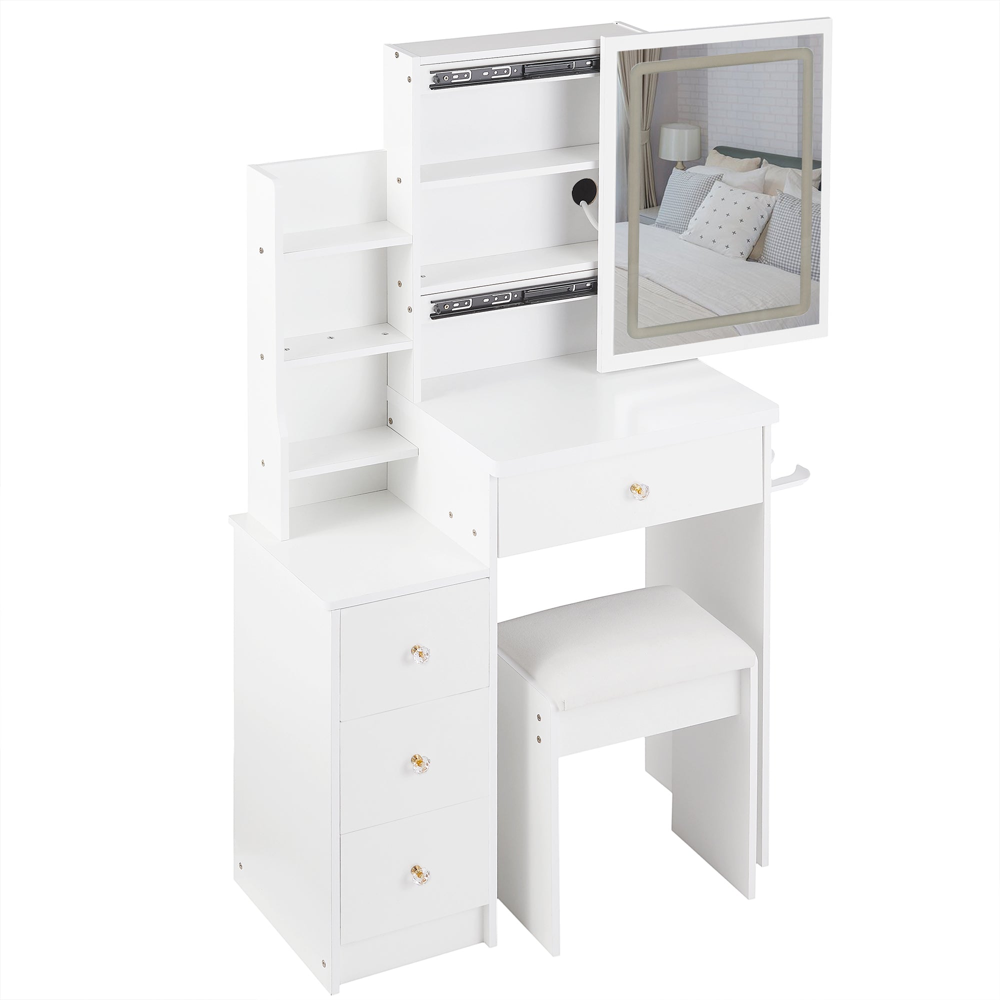 HAOYYE Small Size Left Bedside Cabinet Vanity Table + Cushioned Stool, 2 AC+2 USB Power Station, Hair dryer bracket, Extra Large Touch Control Sliding LED Mirror, Tri-color Switching, EPA,GCC,UL Certificate