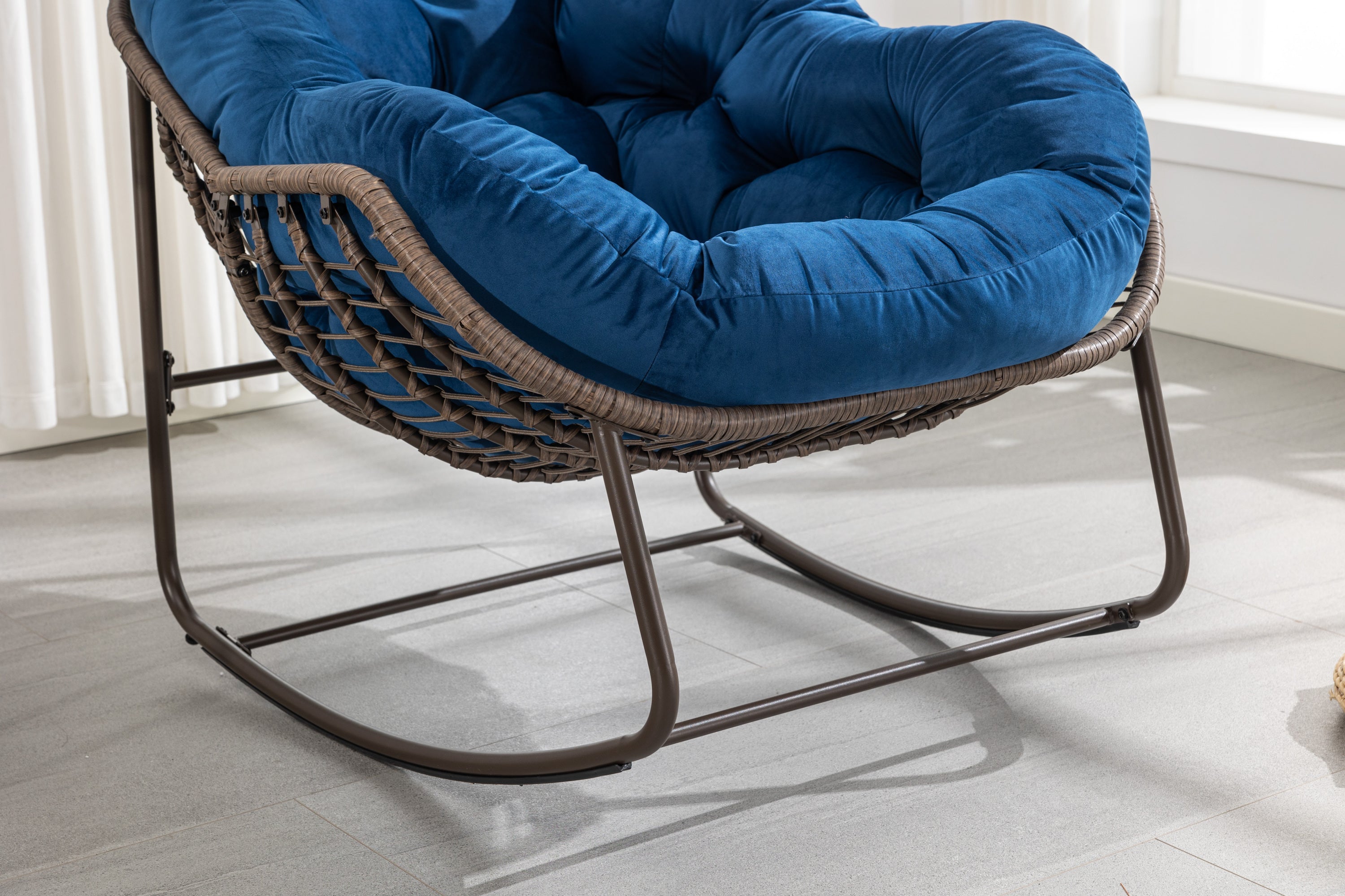HAOYYE Outdoor Rattan Rocking Chair,Padded Cushion Rocker Recliner Chair Outdoor for Front Porch, Living Room, Patio, Garden, Navy Blue Sturdy Space-Saving Heavy Duty Modern Design Adults Dorm Room