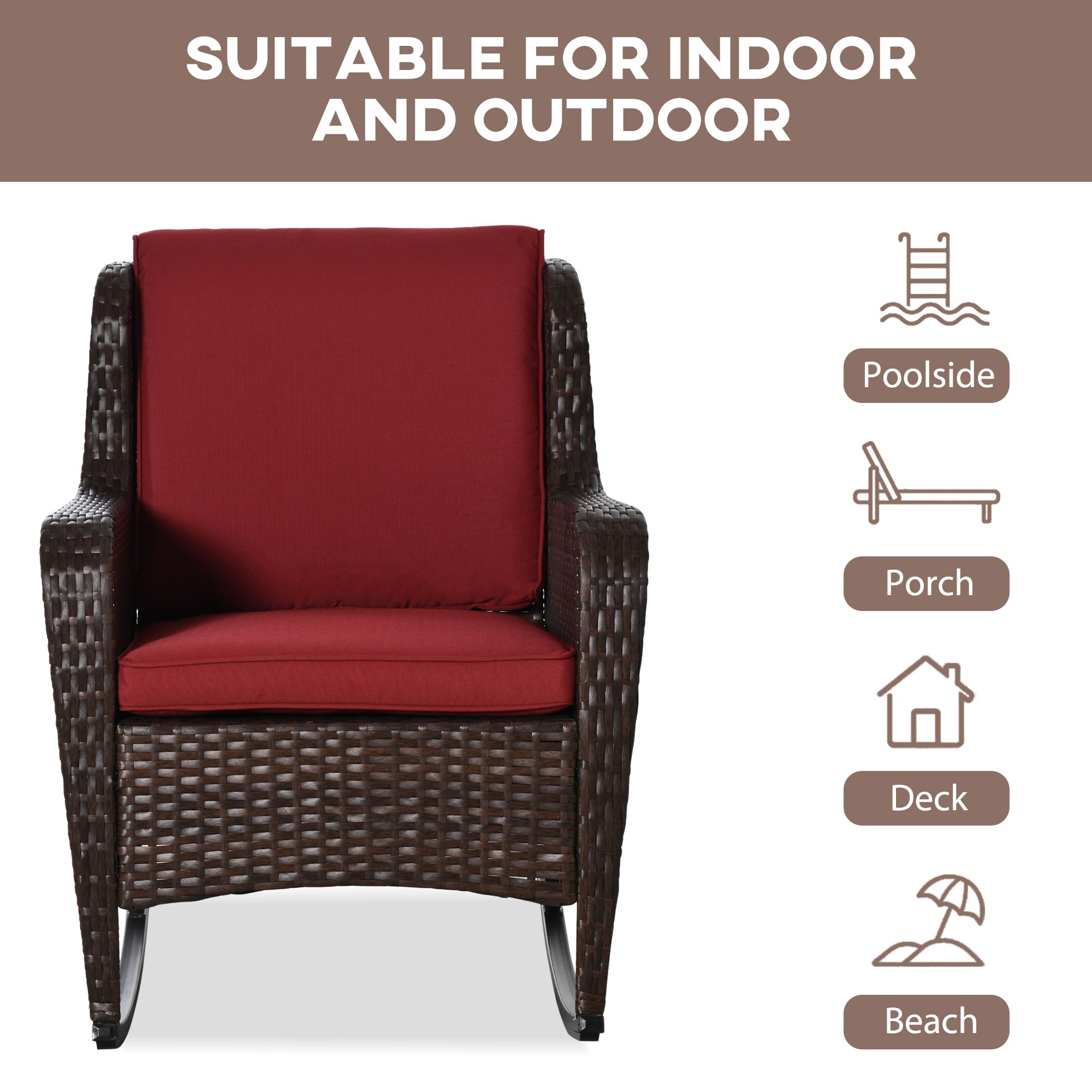 HAOYYE Brown Rattan Outdoor Rocking Chair with Wine Red Cushions, PE Wicker and Steel Frame Lounge Chair with Thick Padded Washable Cushions and Wide Armrests, Ideal for Patio Porch Garden and Backyard Relaxing Seating