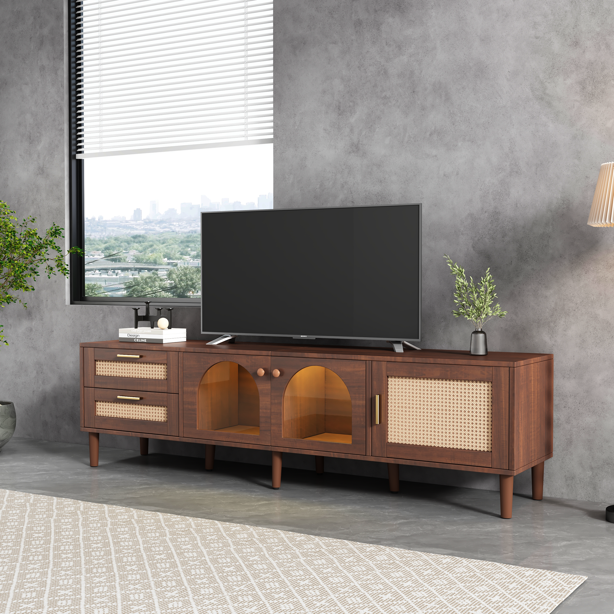 HAOYYE Rattan TV Stand with 3 Cabinets & 2 Drawers, Rattan-Inspired Media Console Table for TVs up to 80", LED Light Entertainment Center, TV Cabinet for Living Room, Bedroom, Home Theater, Sturdy Heavy Duty Construction