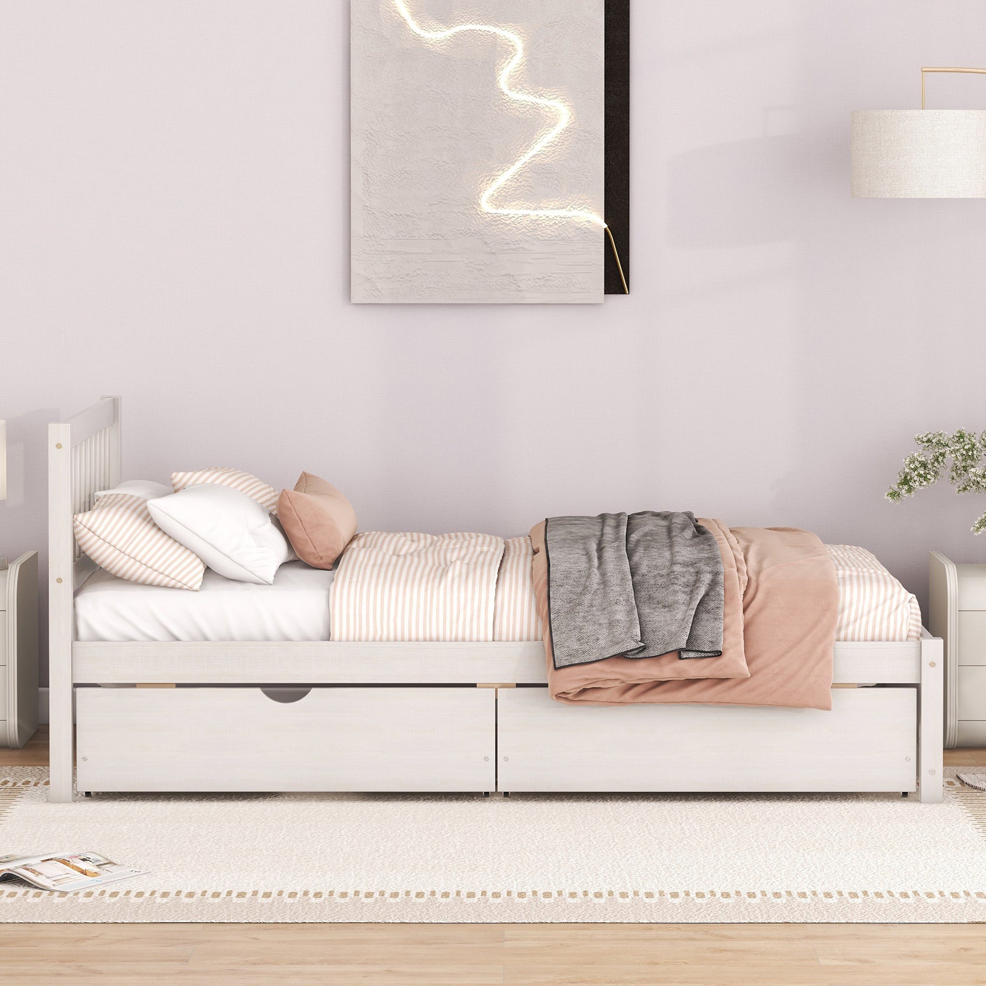 HAOYYE Modern Design Wooden Platform Bed with Two Drawers for White Washed Color Home Furniture Featuring Sturdy Heavy Duty Build, Space Saving Design, Easy Assembly, Durable Quality, Stylish Contemporary Aesthetic and Versatile for Any Living Space