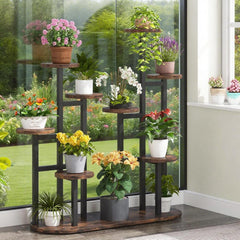 HAOYYE Multi-Tier Metal Plant Stand with High and Low Shelf Design for Indoor Outdoor Use, Holds 11 Pots or More, Space-Saving Flower Stand for Balcony Garden Patio Living Room, Sturdy Wood and Metal Construction