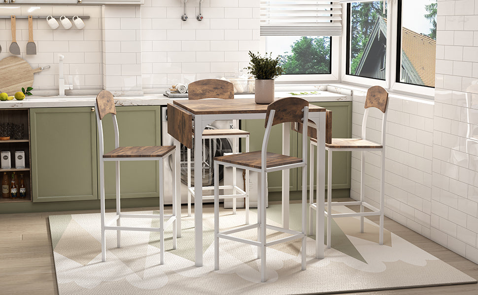 HAOYYE Farmhouse 5-Piece Counter Height Dining Table Set with 4 Chairs, White Frame & Rustic Brown Tabletop, Drop Leaf, Space-Saving Design, Sturdy & Heavy Duty, Ideal for Dining Room, Kitchen, Apartment, Dorm Room, Modern & Functional