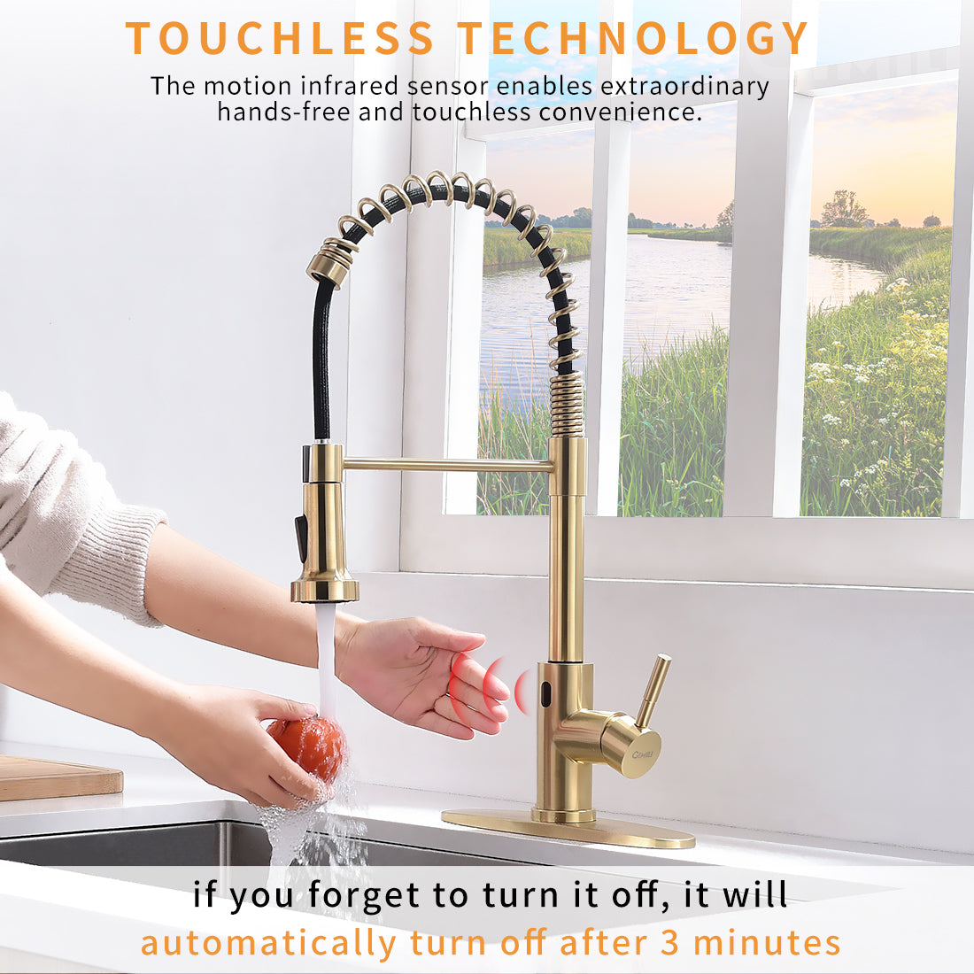 HAOYYE Touchless Kitchen Faucet,Hands Free Automatic Smart Kitchen Faucet Brushed Nickel Gold Smart Kitchen Faucet Sturdy Space-Saving Heavy Duty Modern Design Adults Dorm Room Easy Assembly
