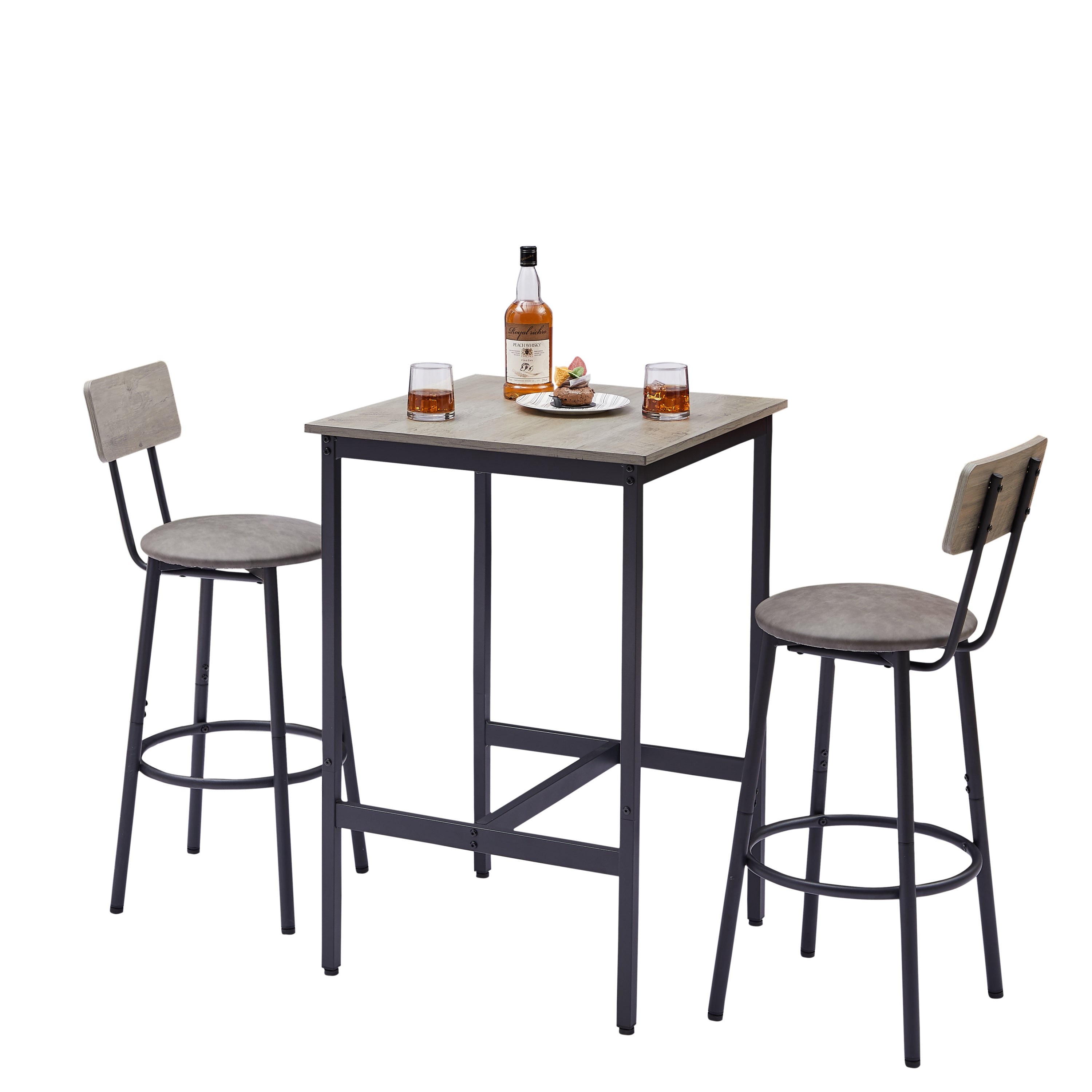 HAOYYE Bar Table Set with 2 Bar Stools, PU Soft Seat with Backrest, Stylish Grey Color, Sturdy Space-Saving Design, Modern Heavy Duty Construction, Easy Assembly, Durable Home Furniture for Kitchen, Dining Room, or Home Bar