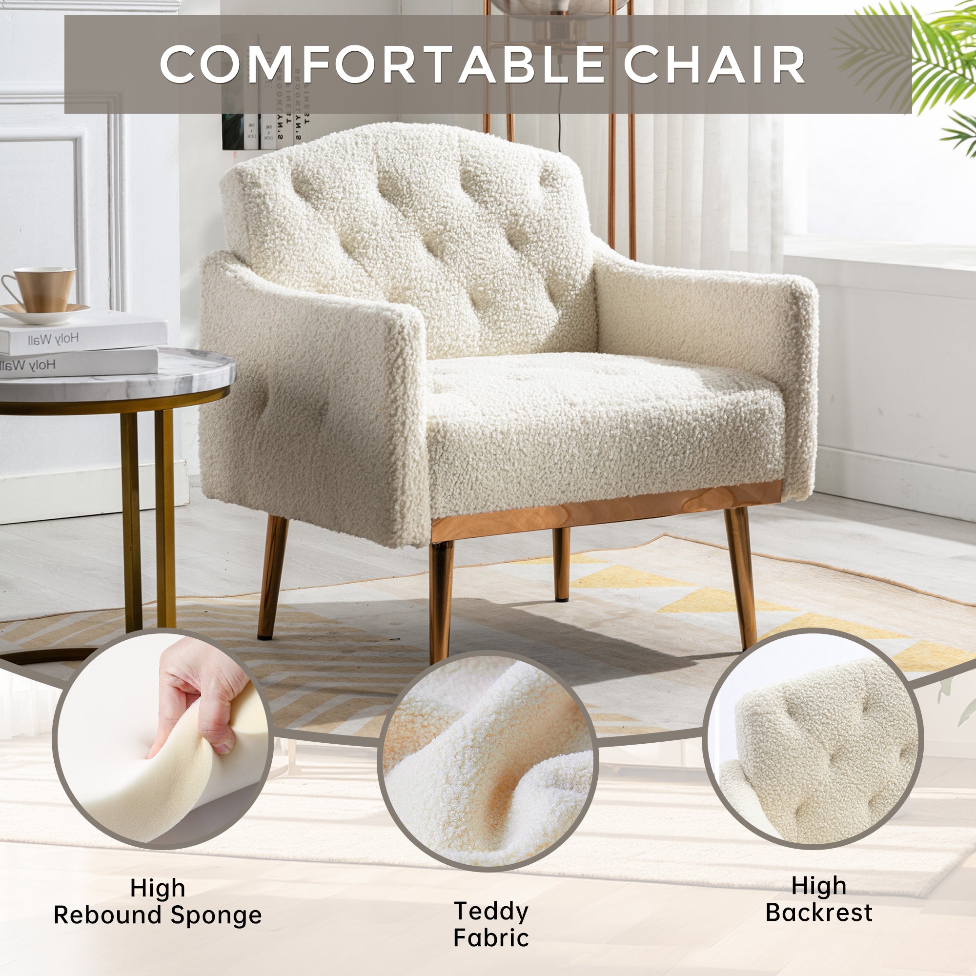 HAOYYE Modern Accent Chair with Arms, Tufted Decorative Fabric Armchair with Gold Metal Legs, Upholstered Reading Chair for Living Room Bedroom Office (White Teddy) Sturdy Space-Saving Heavy Duty