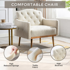 HAOYYE Modern Accent Chair with Arms, Tufted Decorative Fabric Armchair with Gold Metal Legs, Upholstered Reading Chair for Living Room Bedroom Office (White Teddy) Sturdy Space-Saving Heavy Duty