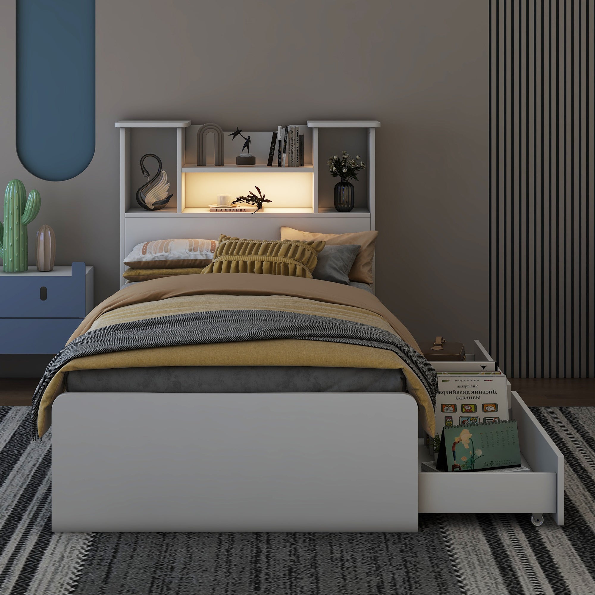 HAOYYE Twin Size Storage Platform Bed Frame with 4 Open Storage Shelves and 2 Drawers, LED Lights, White, Sturdy Space-Saving Heavy Duty Design, Easy Assembly, Ideal for Adults and Dorm Rooms