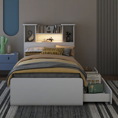 HAOYYE Twin Size Storage Platform Bed Frame with 4 Open Storage Shelves and 2 Drawers, LED Lights, White, Sturdy Space-Saving Heavy Duty Design, Easy Assembly, Ideal for Adults and Dorm Rooms