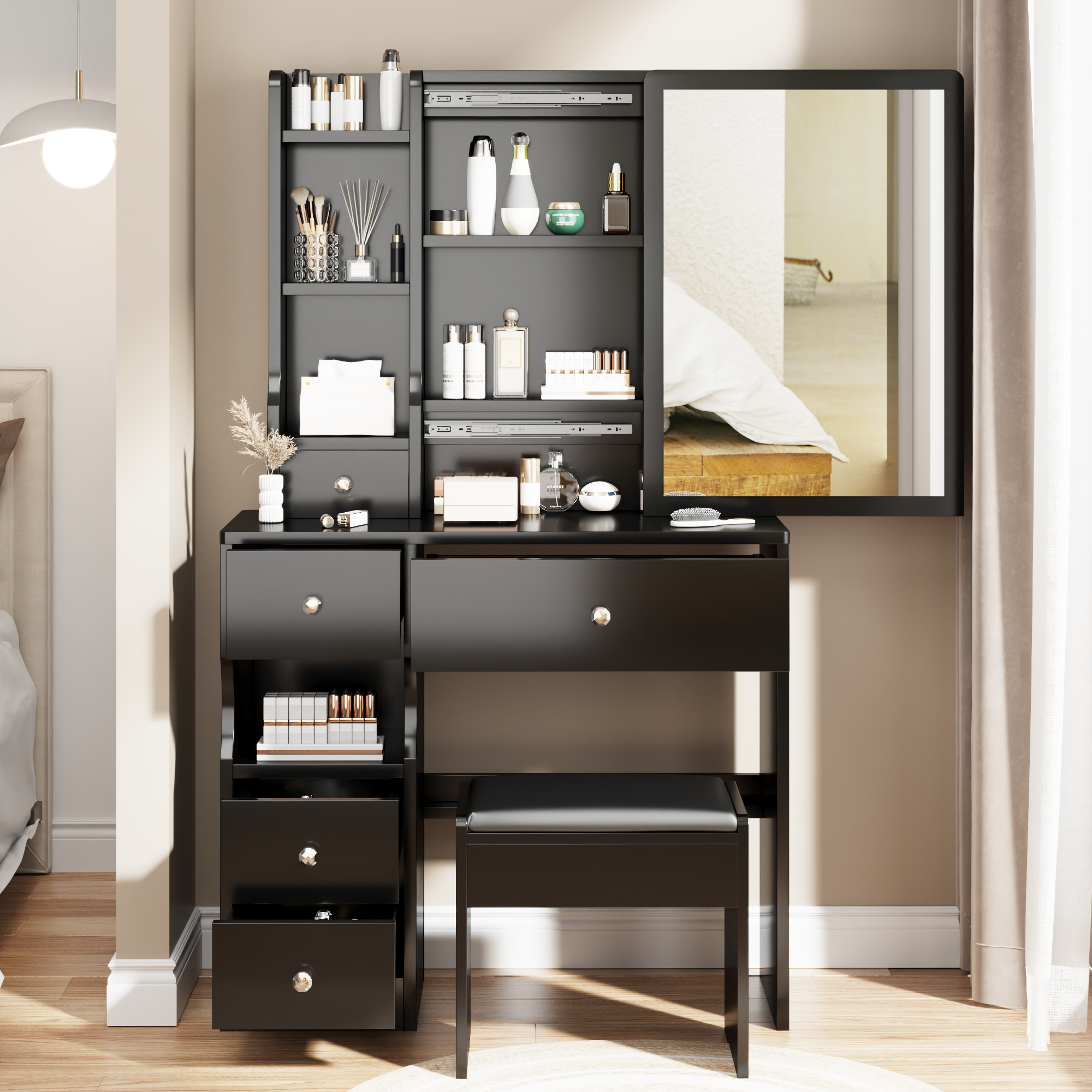 HAOYYE Left Drawer Desktop Vanity Table With Cushioned Stool, Modern Multi-Layer Storage Makeup Desk With Sliding Mirror, Stylish Functional Dresser For Compact Spaces, Ideal For Users Up To 5.6ft Tall