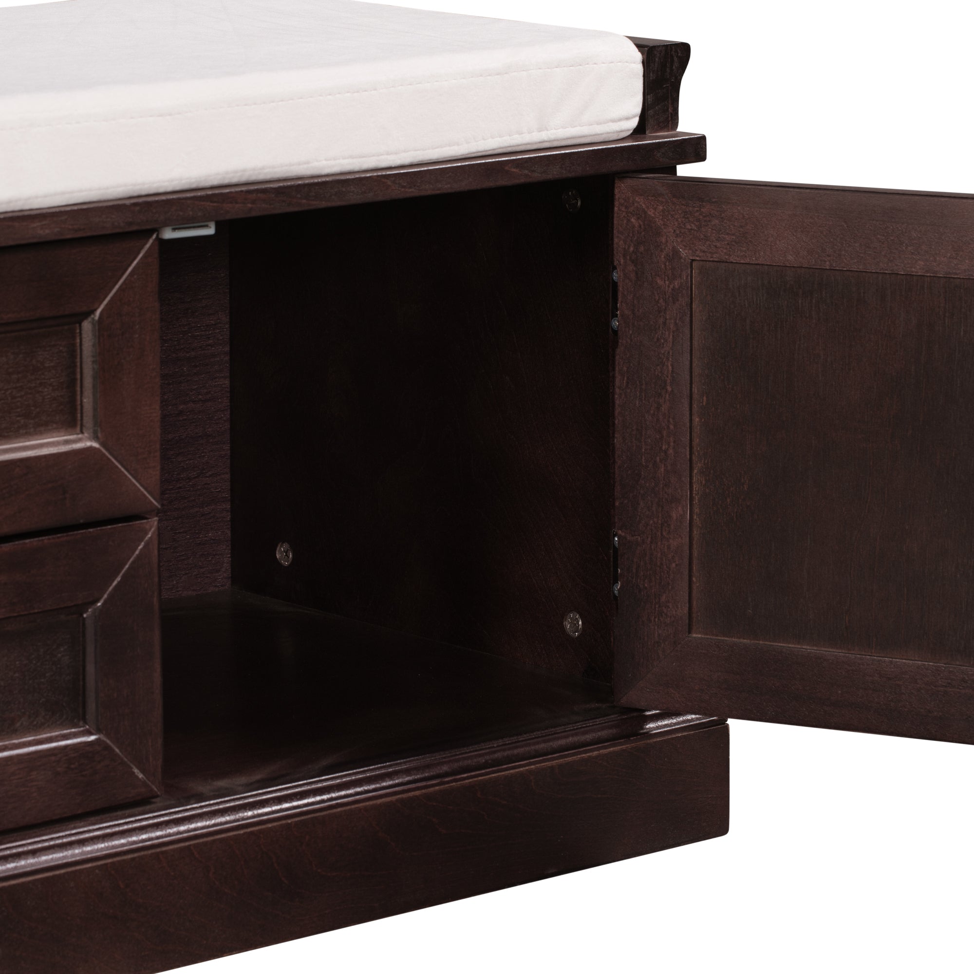 HAOYYE Storage Bench with 2 Drawers and Cabinets, Shoe Bench with Removable Cushion for Living Room, Entryway, Sturdy Space-Saving Heavy Duty Construction, Espresso Finish, Modern Design for Adults and Dorm Rooms