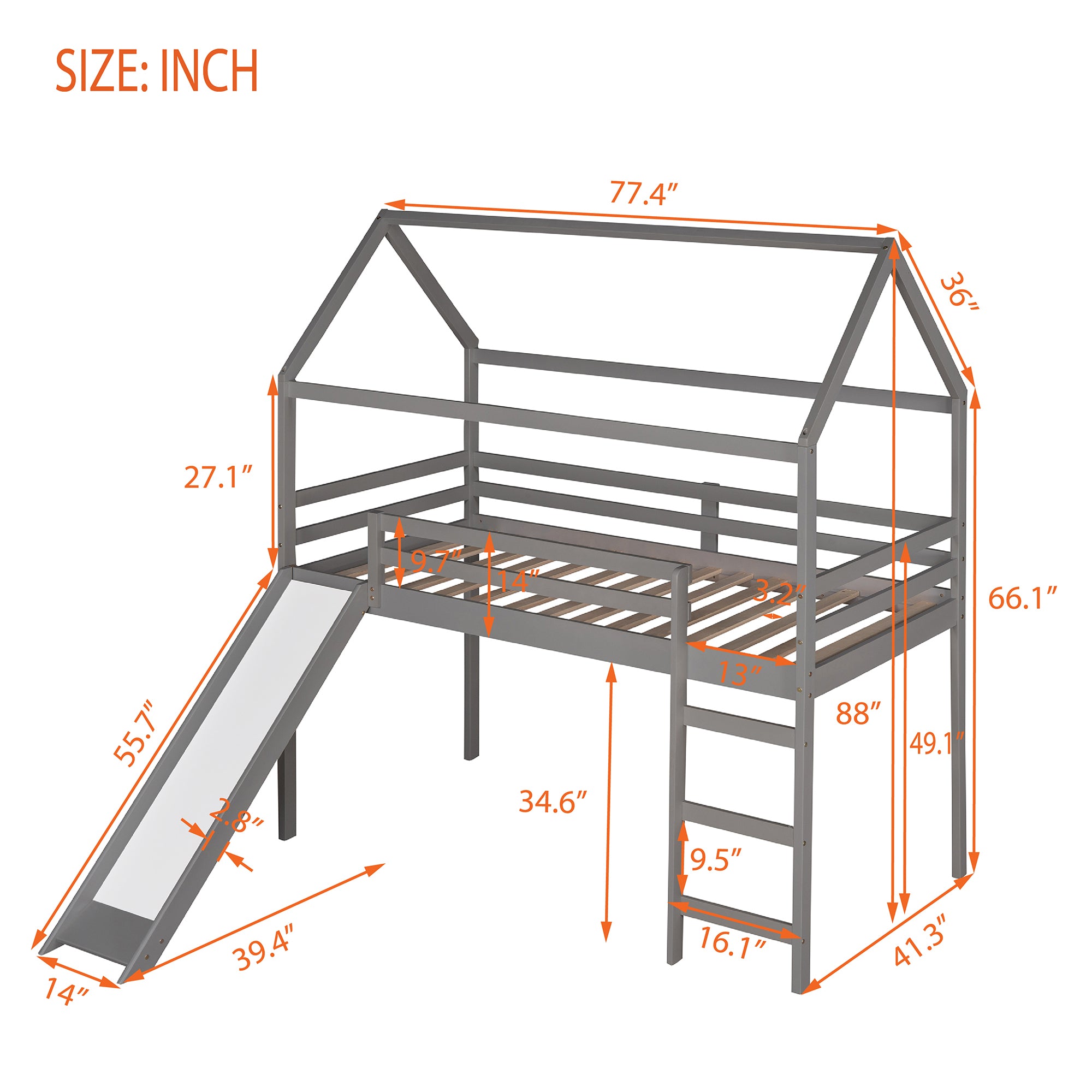 HAOYYE Twin Loft Bed with Slide, House Bed with Slide,Gray(OLD SKU :WF286245AAE) Sturdy Space-Saving Heavy Duty Modern Design Adults Dorm Room Easy Assembly Bedroom Furniture