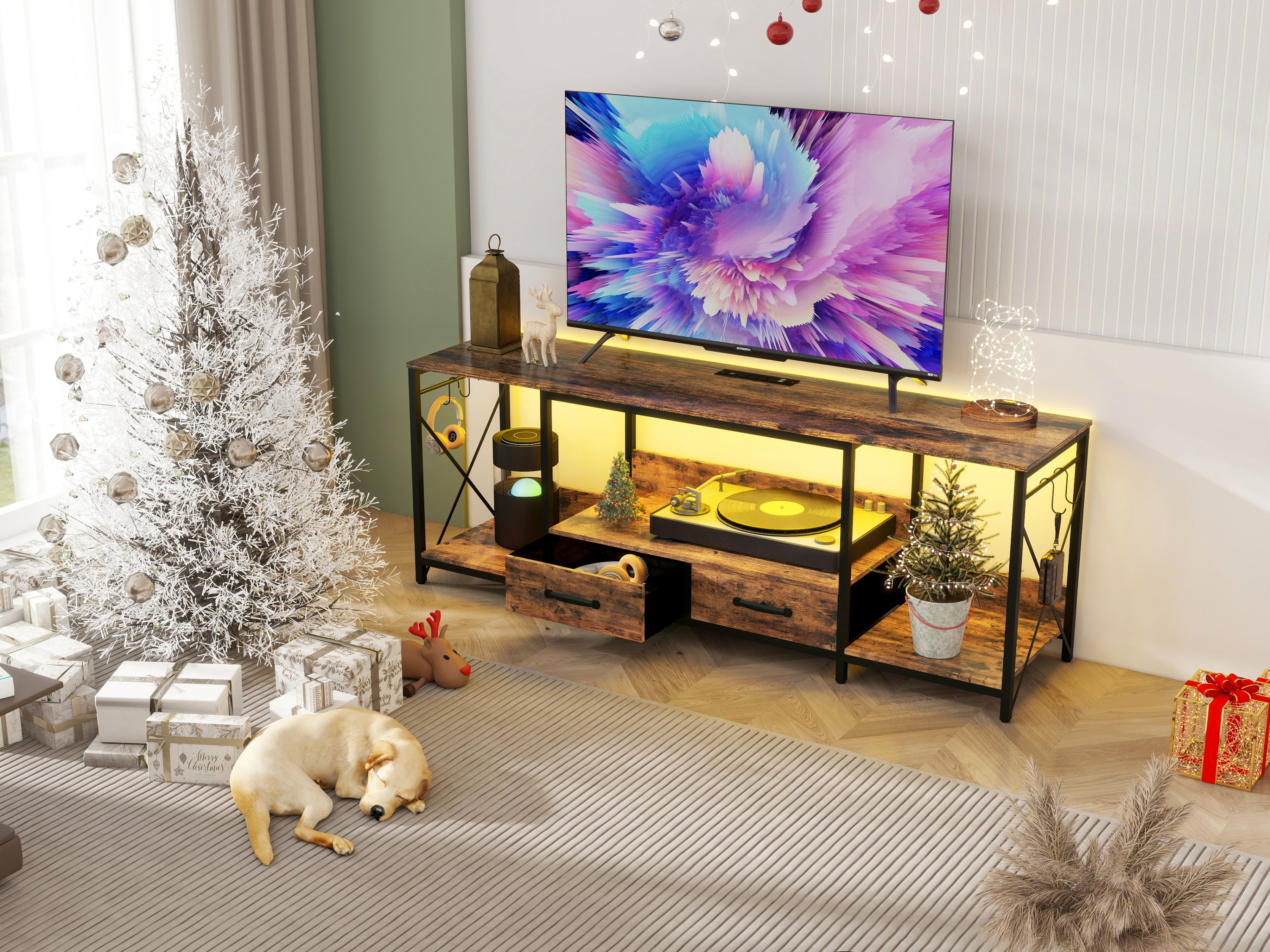 HAOYYE TV Stand with LED Lights and Power Outlets, TV Console with Fabric Drawers for 65-75 Inch TVs, Industrial Entertainment Center with Open Storage Shelves, Modern TV Stand for Living Room, Bedroom