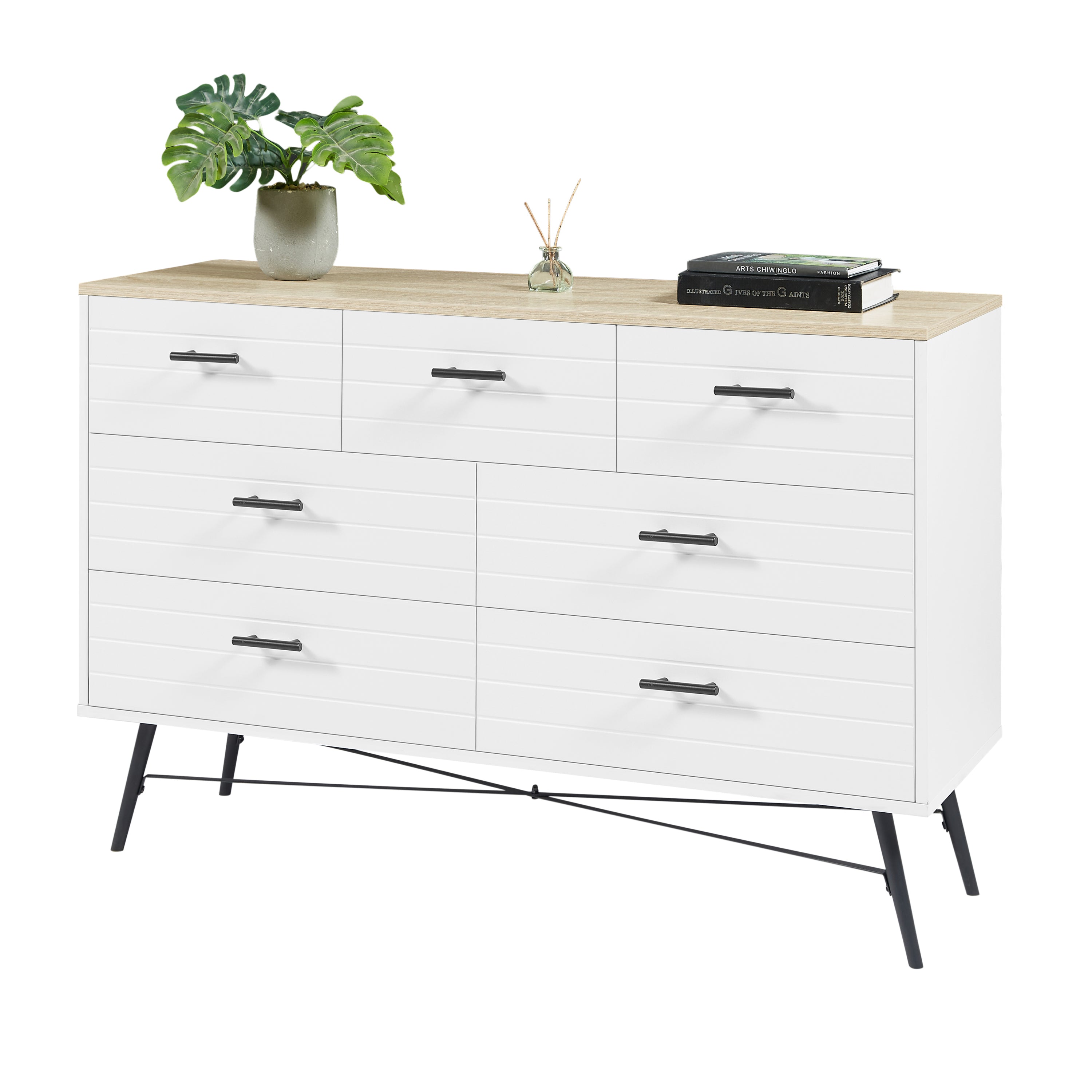 HAOYYE 7-Drawer Dresser for Bedroom with Deep Drawers, Modern White Wood Chest of Drawers, Long Storage Dresser for Closet and Living Room, White & Oak, Sturdy Space-Saving Design, Ideal for Organizing Clothes and Essentials