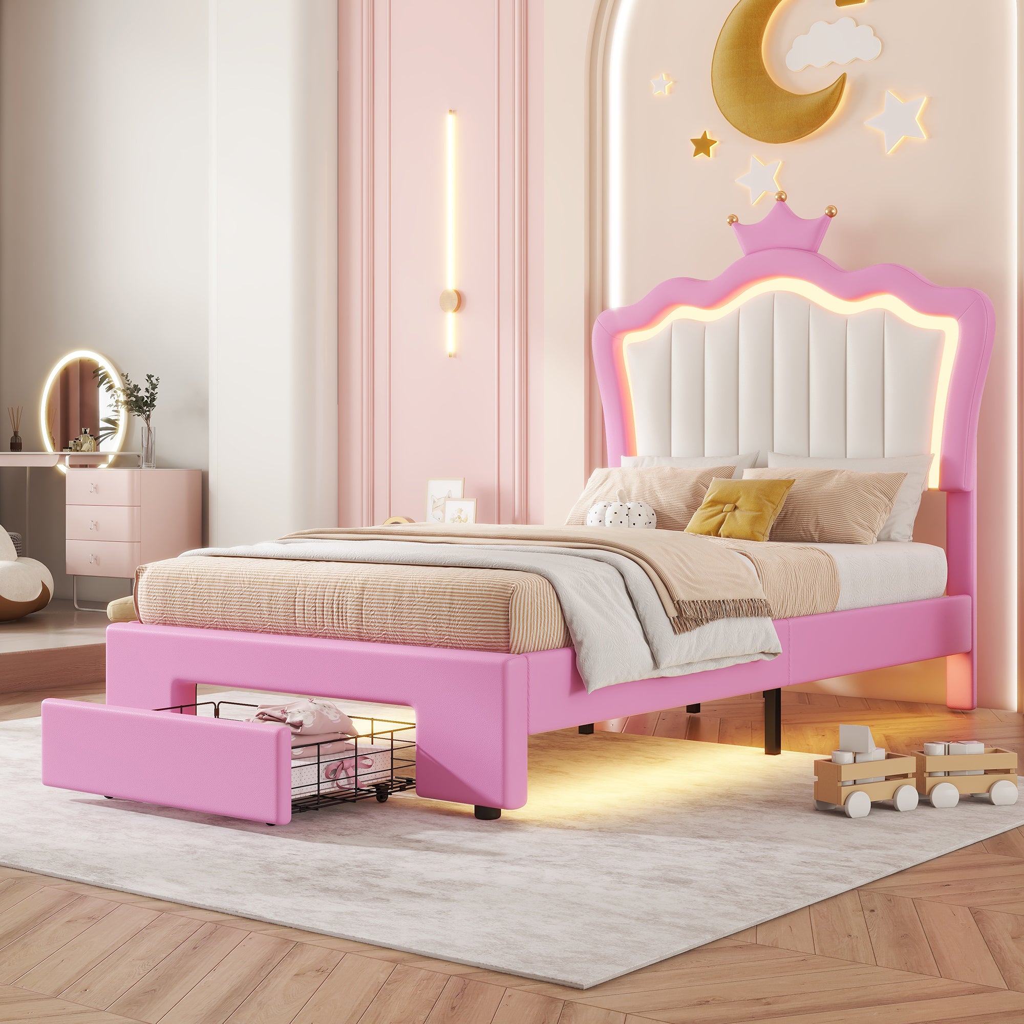 HAOYYE Twin Size Upholstered Bed Frame With LED Lighting, Modern Princess Bed With Crown Headboard And Storage Drawer, Pink And White, Sturdy Space-Saving Heavy Duty Design For Adults And Dorm Rooms