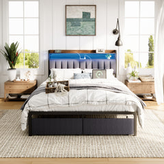 HAOYYE Queen Bed Frame with Storage Headboard and Drawers, LED Upholstered Platform Bed Frame with Built-in Charging Station, No Box Spring Needed, Easy Assembly, Sturdy and Space-Saving Design in Grey for Adults