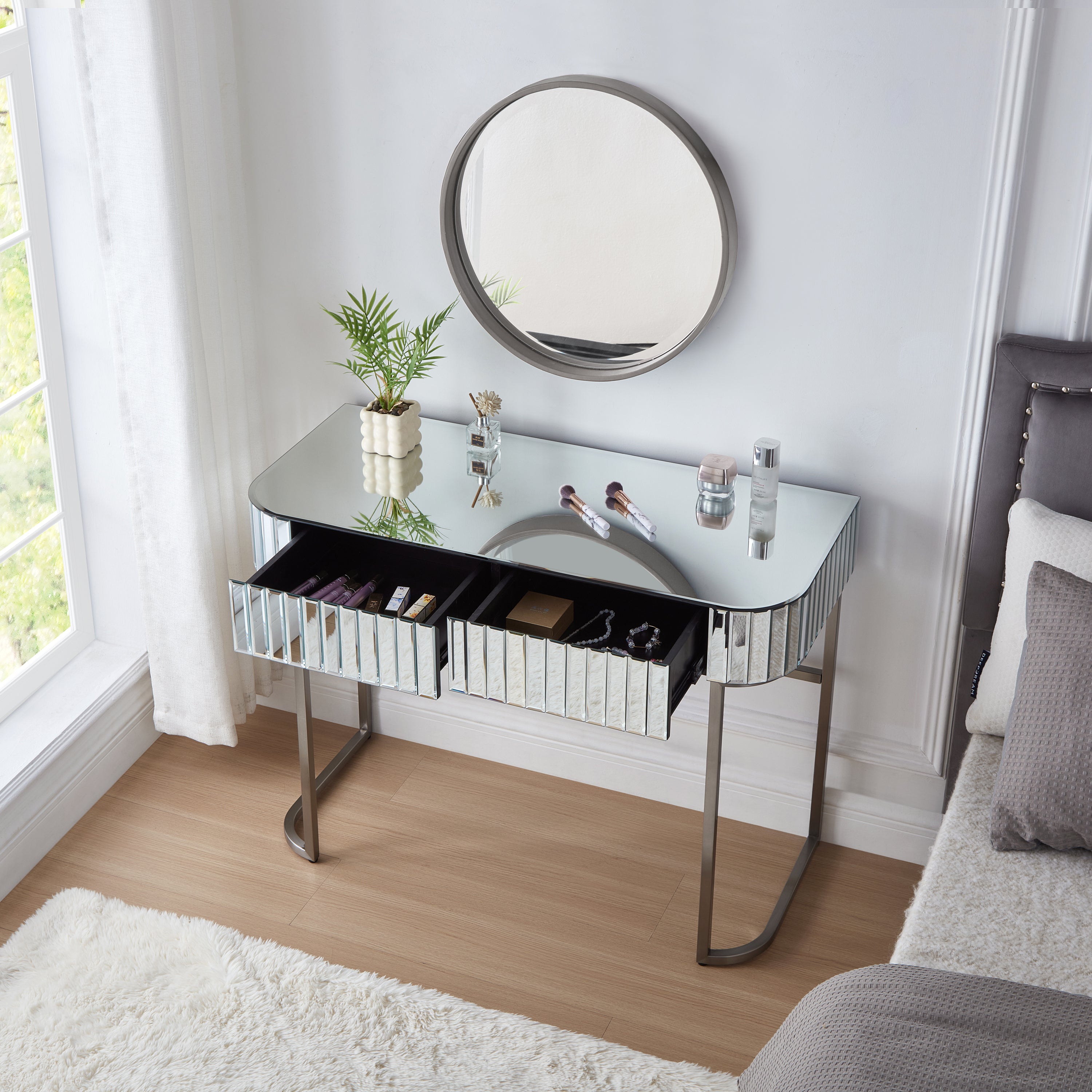 HAOYYE 39" Mirrored Makeup Vanity Table with Stainless Steel Base, Mirrored Console Dressing Table with 2 Drawers,Versatile Desk for Bedroom and Office, Silver