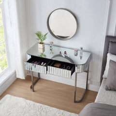 HAOYYE 39" Mirrored Makeup Vanity Table with Stainless Steel Base, Mirrored Console Dressing Table with 2 Drawers,Versatile Desk for Bedroom and Office, Silver