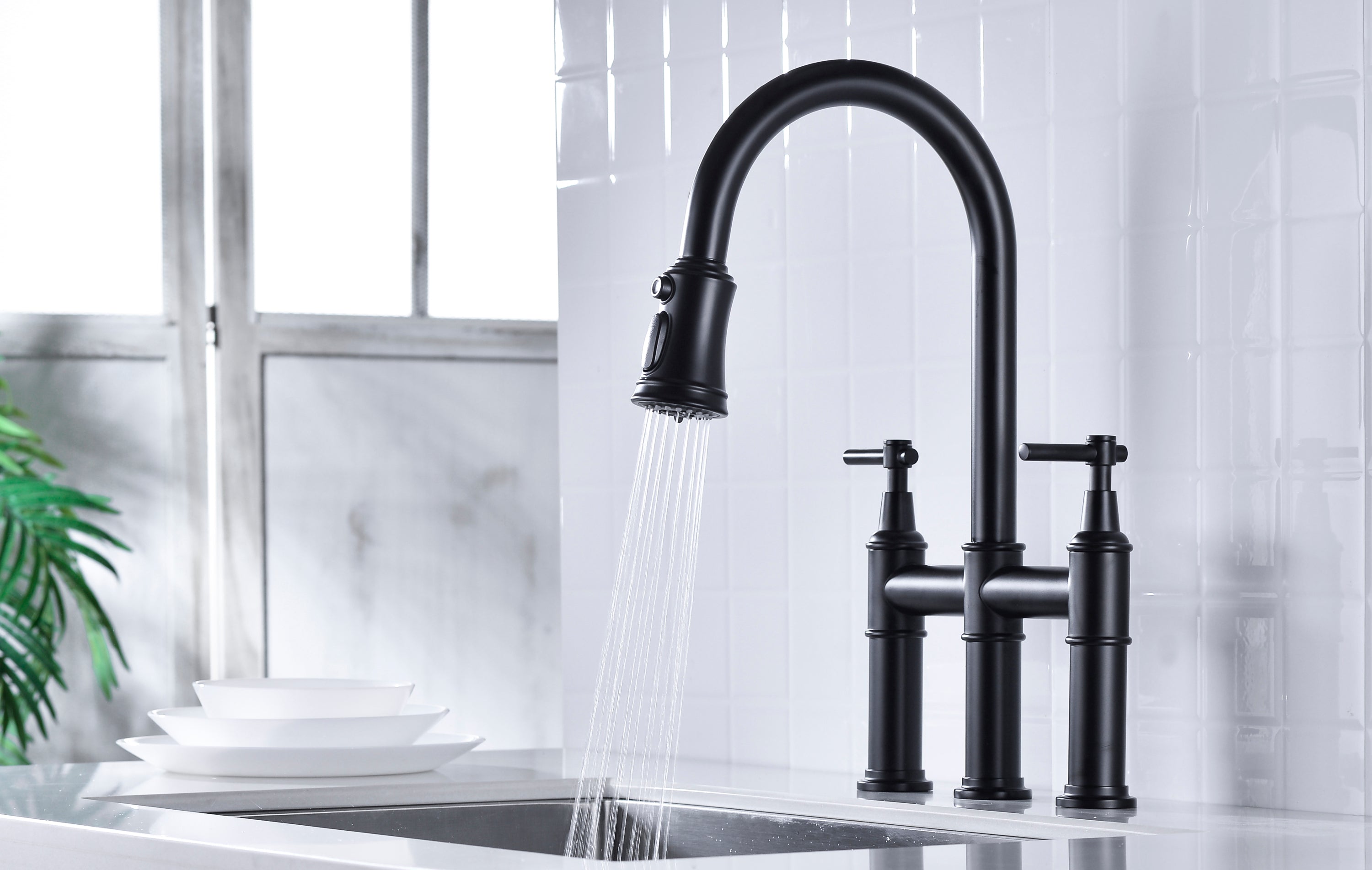 HAOYYE Bridge Kitchen Faucet with Pull-Down Sprayhead in Spot Sturdy Space-Saving Heavy Duty Modern Design Adults Dorm Room Easy Assembly Bedroom Furniture
