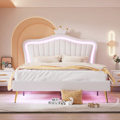 HAOYYE Queen Size Upholstered Bed Frame with LED Lights,Modern Upholstered Princess Bed With Crown Headboard,White Sturdy Space-Saving Heavy Duty Modern Design Adults Dorm Room Easy Assembly