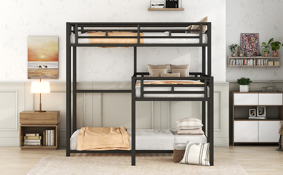 HAOYYE L-shaped Metal Triple Twin Size Bunk Bed, Black(OLD SKU:SM000605AAB) Sturdy Space-Saving Heavy Duty Modern Design Easy Assembly Durable Stylish Home Furniture Versatile
