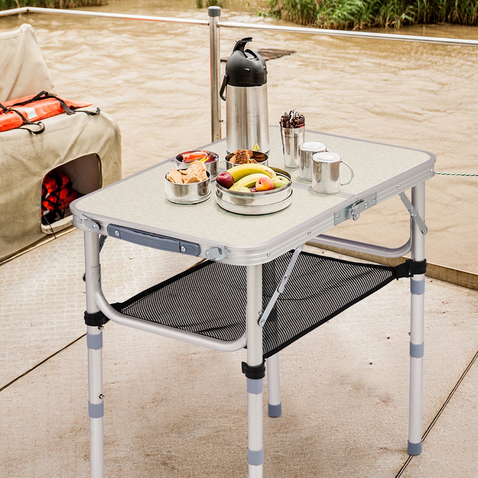 HAOYYE White with 3 Adjustable Heights Outdoor Folding Camping Table, Portable Aluminum Foldable Patio Side Table, Lightweight and Durable Design with Carry Handle for Hiking, Picnic, BBQ, Beach, Indoor or Outdoor Use