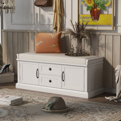 HAOYYE Storage Bench with 2 Drawers and Cabinets, Shoe Bench with Removable Cushion for Living Room, Entryway, Sturdy Space-Saving Heavy Duty Modern Design, White, Easy Assembly for Adults and Dorm Rooms