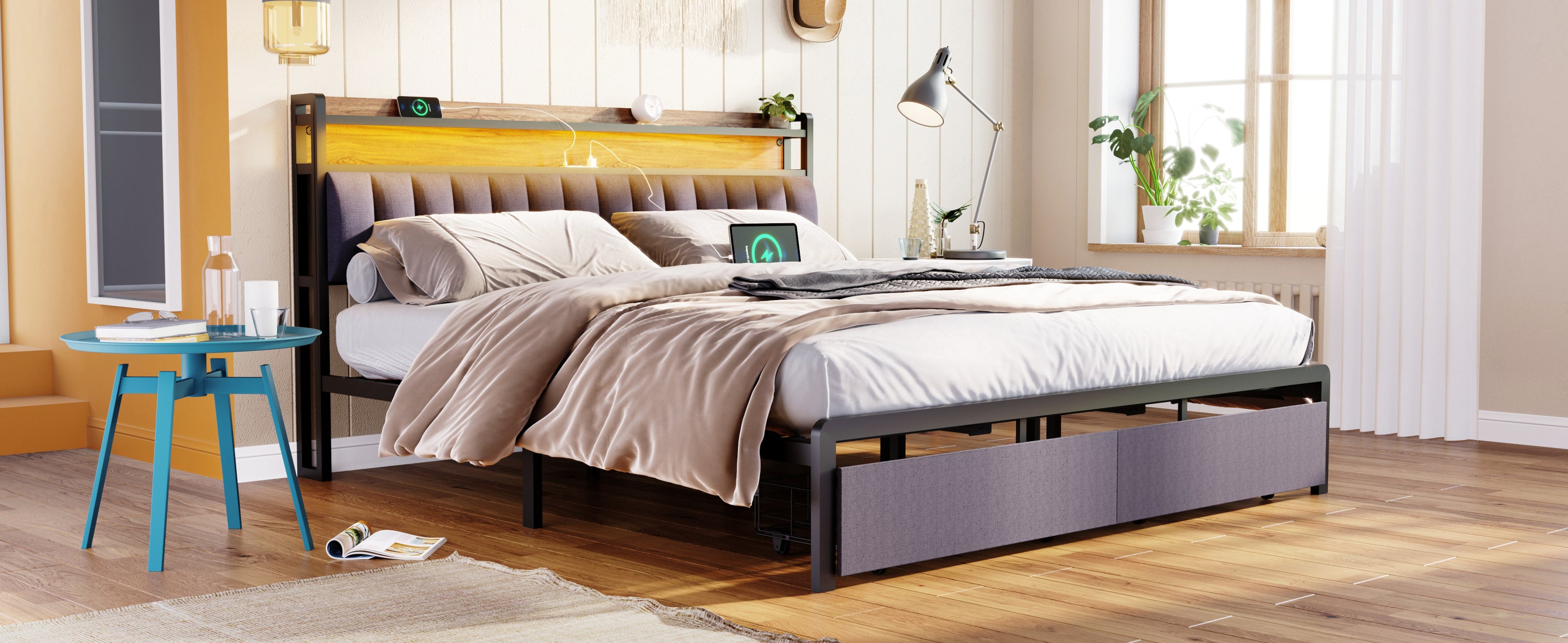 HAOYYE King Bed Frame with Storage Headboard, Drawers, LED Lighting, and Built-in Charging Station, Modern Upholstered Platform Design, Sturdy Space-Saving Grey Construction, No Box Spring Needed, Easy Assembly