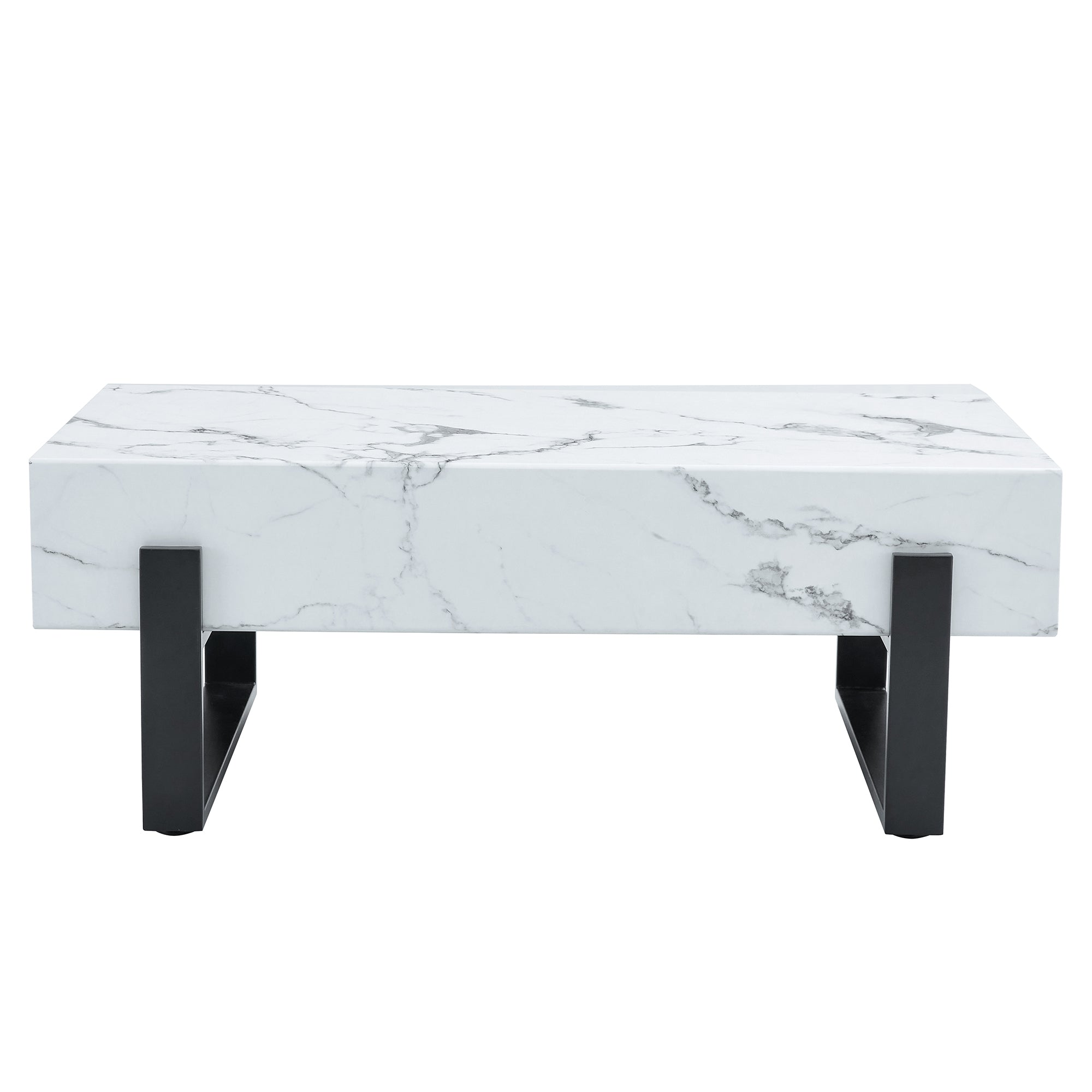 HAOYYE Black And White Minimalist MDF Coffee Table With Marble Pattern Sticker And Black Metal Leg Spray Coating, Modern And Simple Design For Living Room, Bedroom And Office, Sturdy Space-Saving Heavy Duty Furniture For Contemporary Home Decor