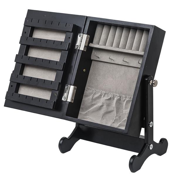 HAOYYE Small Black Mirror Jewelry Cabinet Organizer Armoire with Stand Countertop Storage Box for Rings Necklaces Earrings Makeup and Accessories Compact and Stylish Space-Saving Design for Bedroom or Vanity Table