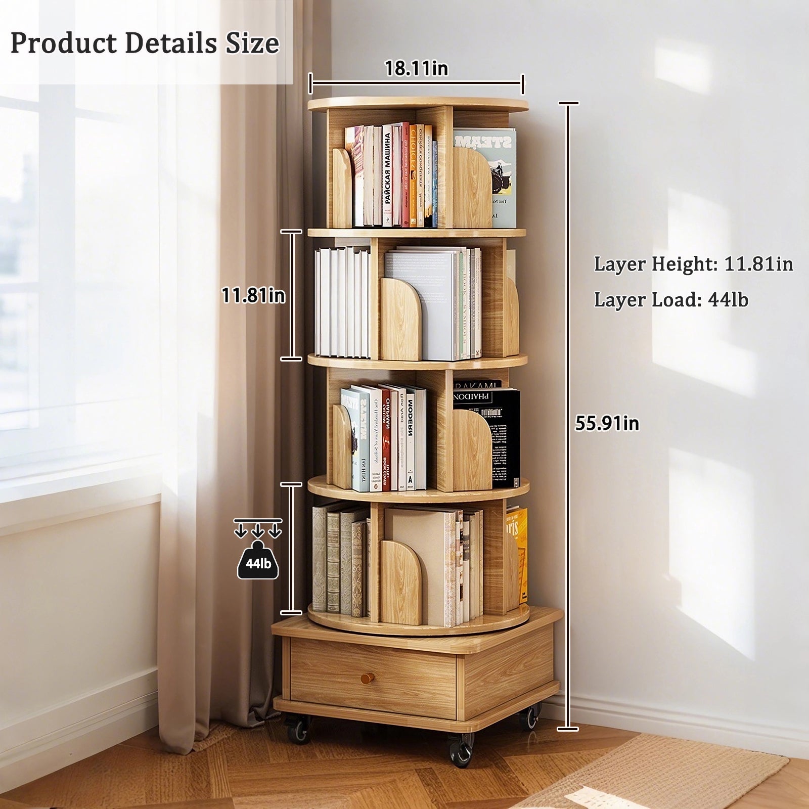 HAOYYE 5 Tier Rotating Bookshelf with 360 Degree Spinning Design and Wheels, Space-Saving Round Display Shelf Tower for Small Spaces in Bedroom, Living Room, Home Office, Modern Wooden Storage Organizer in Natural Wood Color