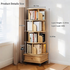 HAOYYE 5 Tier Rotating Bookshelf with 360 Degree Spinning Design and Wheels, Space-Saving Round Display Shelf Tower for Small Spaces in Bedroom, Living Room, Home Office, Modern Wooden Storage Organizer in Natural Wood Color