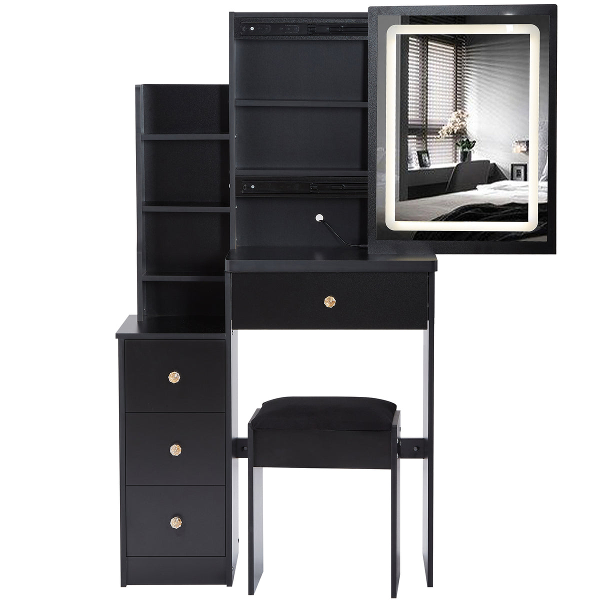 HAOYYE Small Size Left Bedside Cabinet Vanity Table + Cushioned Stool, Touch Control Sliding LED Mirror, Tri-color Switching, Brightness Adjust, Multi Layer, Suitable for Small Space, EPA,GCC,UL Certificate