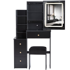 HAOYYE Small Size Left Bedside Cabinet Vanity Table + Cushioned Stool, Touch Control Sliding LED Mirror, Tri-color Switching, Brightness Adjust, Multi Layer, Suitable for Small Space, EPA,GCC,UL Certificate