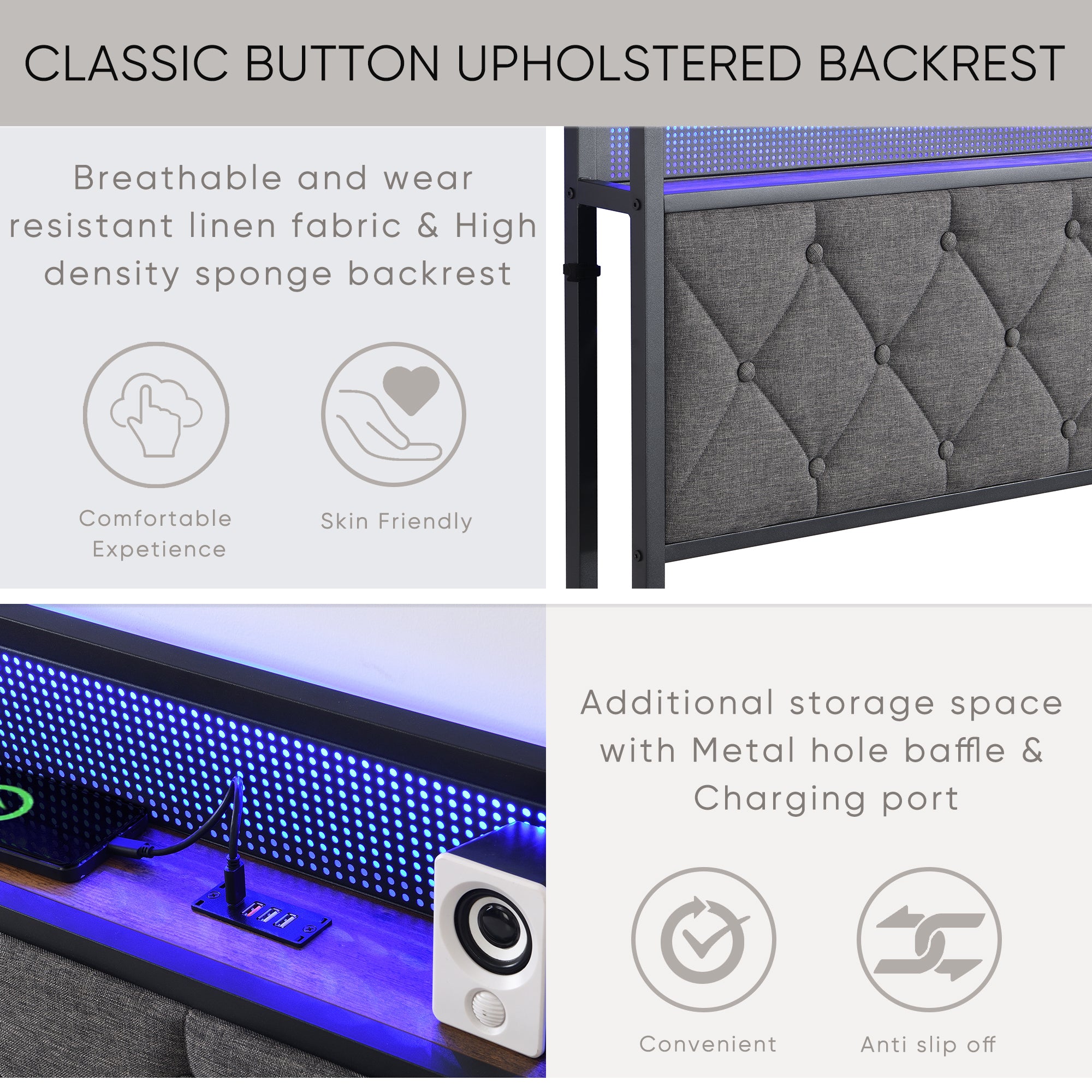 HAOYYE King Bed Frame with Storage Headboard, Charging Station and LED Lights, Upholstered Platform Bed with Heavy Metal Slats, No Box Spring Needed, Noise Free, Easy Assembly, Dark Gray Sturdy Space-Saving