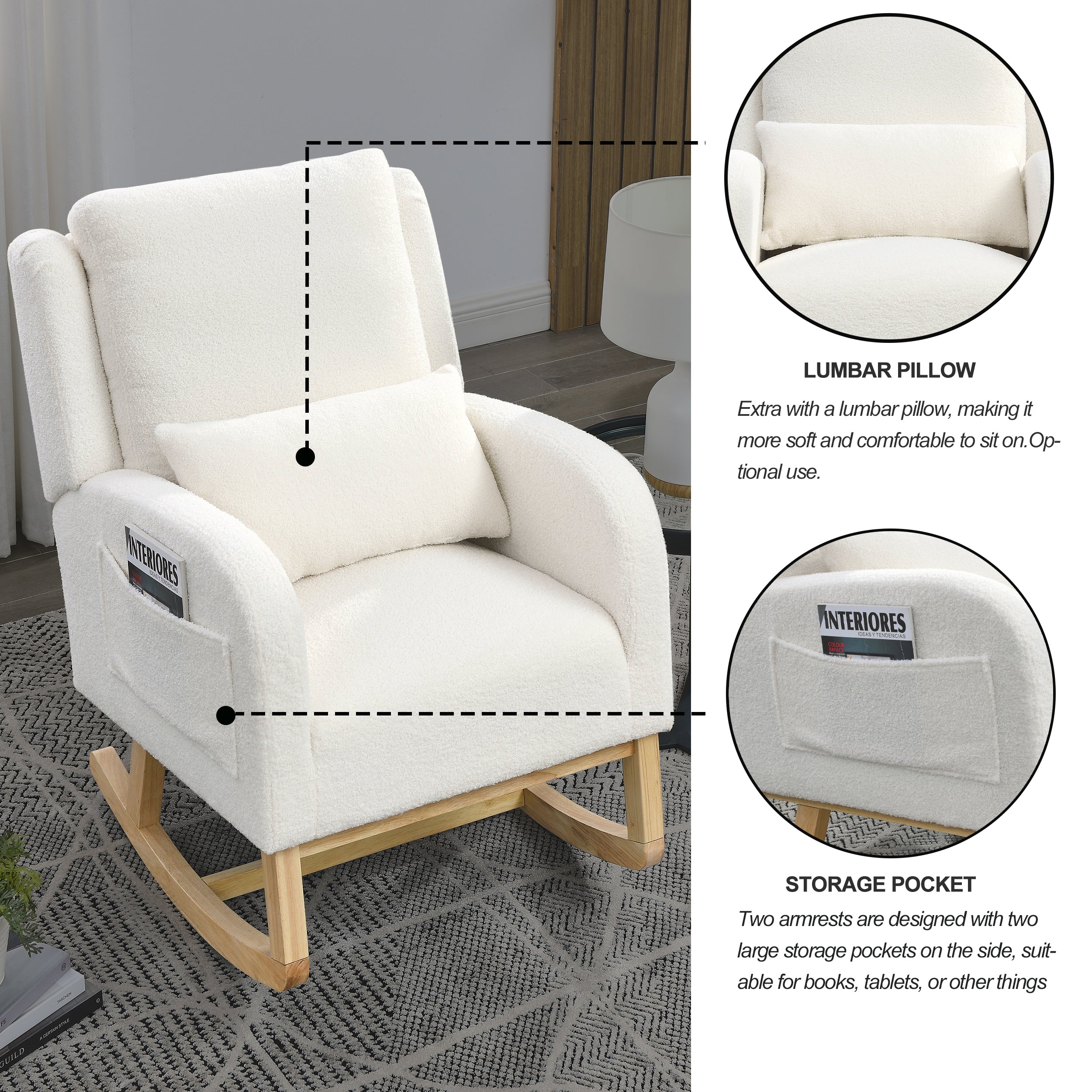 HAOYYE 27.5 "W Modern Accent High Back Living Room Casual Armchair Rocker with One Lumbar Pillow, Two Side Pockets,Teddy White (Ivory) Sturdy Space-Saving Heavy Duty Modern Design Adults